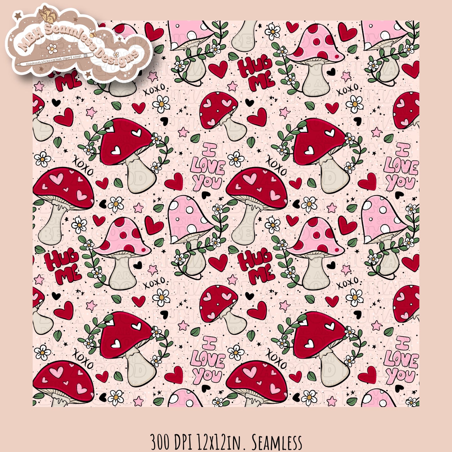 Mushroom Hearts Seamless Pattern Multiple Colorways