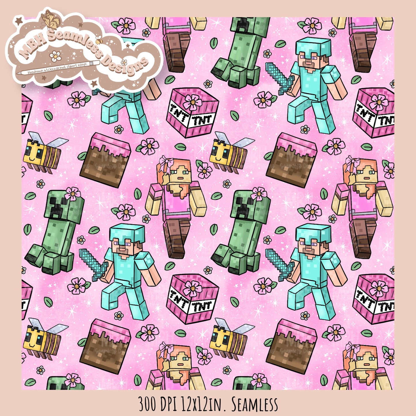 Girly Minecraft Seamless Pattern MULTIPLE COLORWAYS