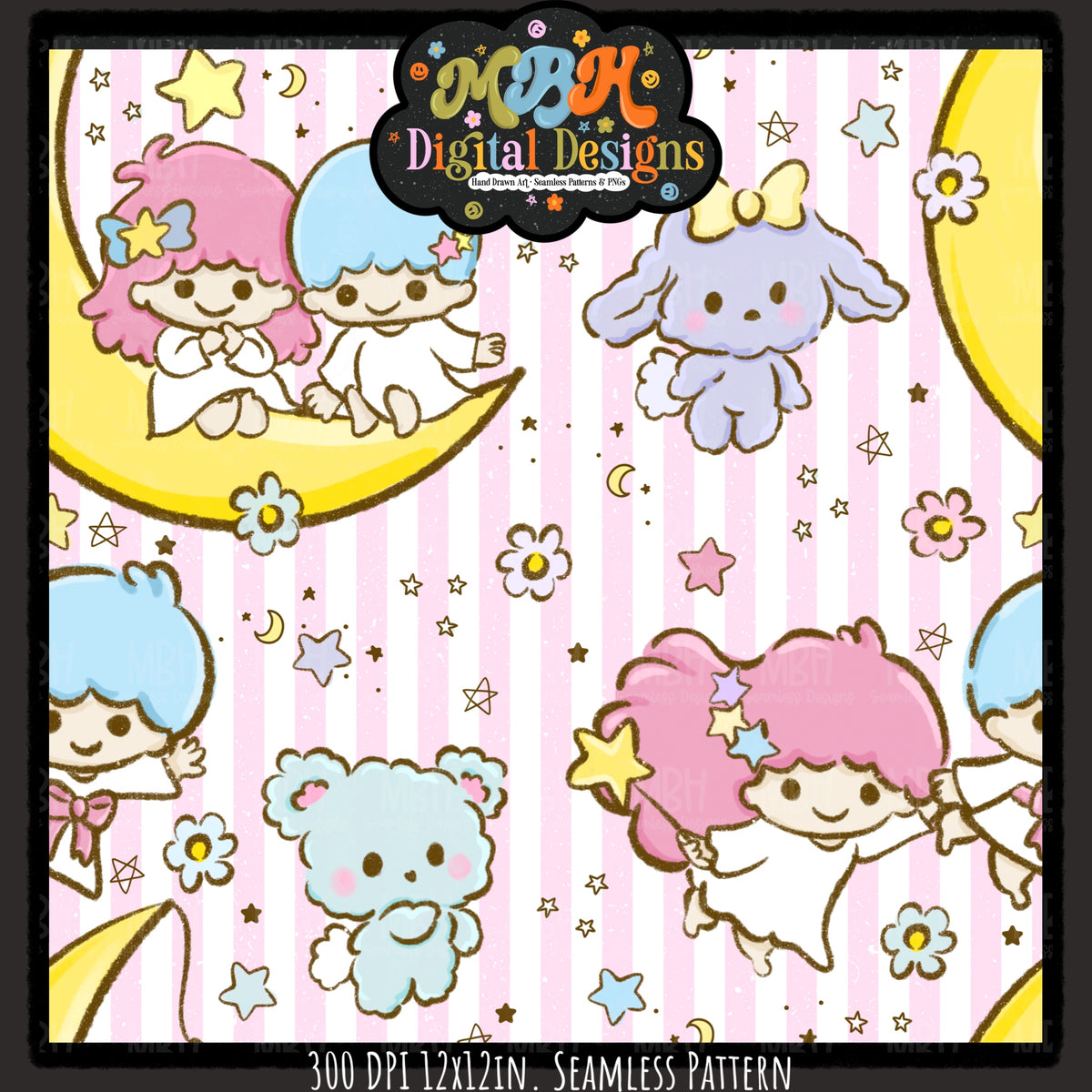 Little Twin Stars Seamless Pattern // PNG // Assorted Colorways