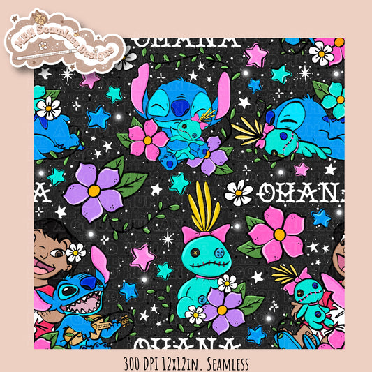 Lilo Stitch Scrump Tattoo Floral Seamless Pattern & PNG • Multiple Colorways