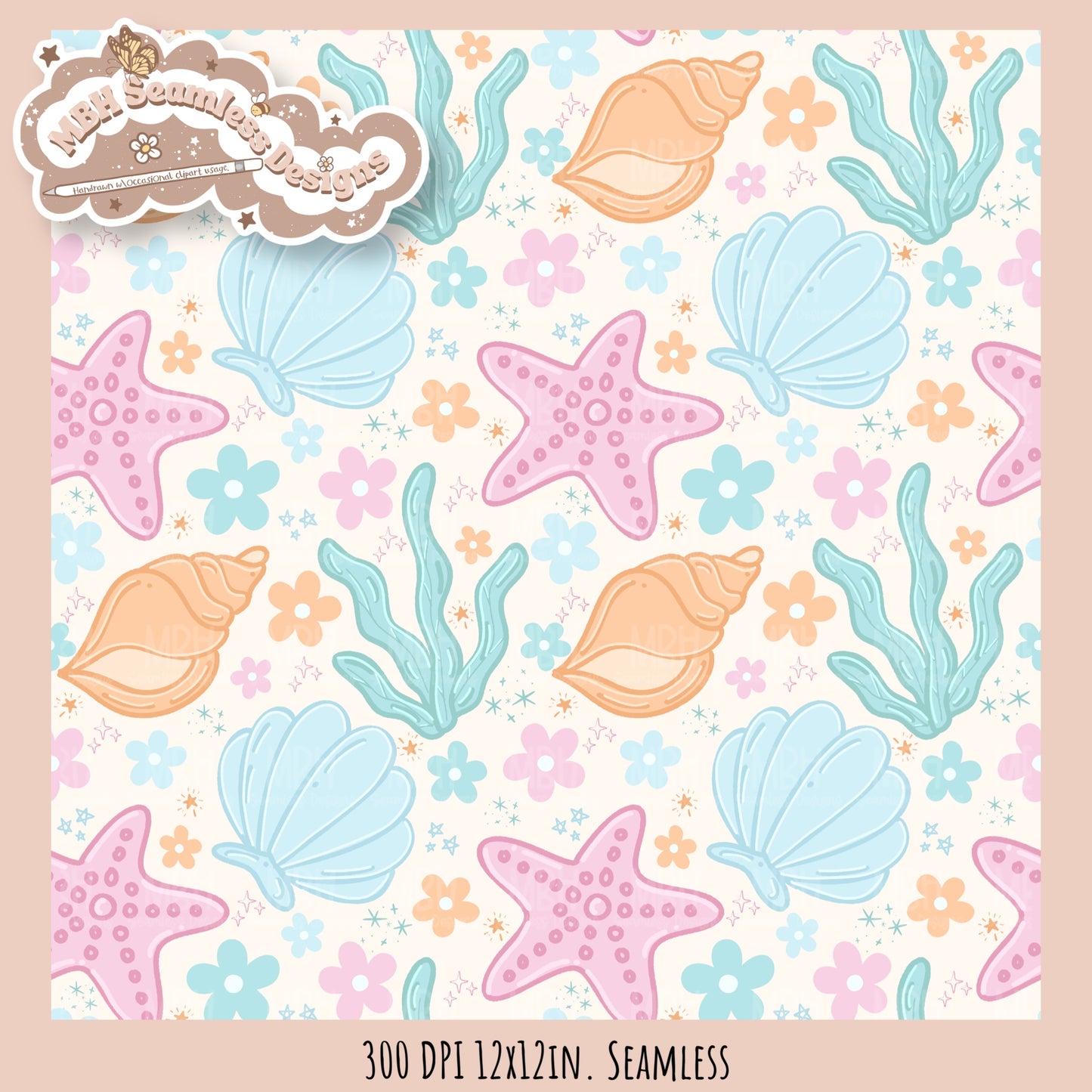 Pastel Seashells & Daisies Seamless Pattern MULTIPLE COLORWAYS