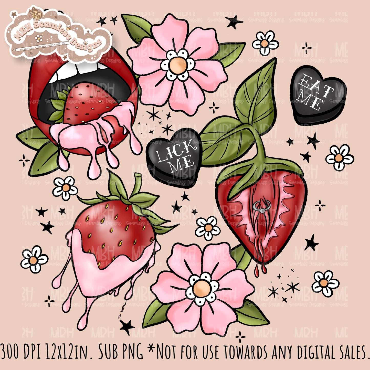 Dirty Tattoo Strawberries Seamless Pattern // PNG // ASSORTED COLORWAYS Seamless Pattern (Copy)