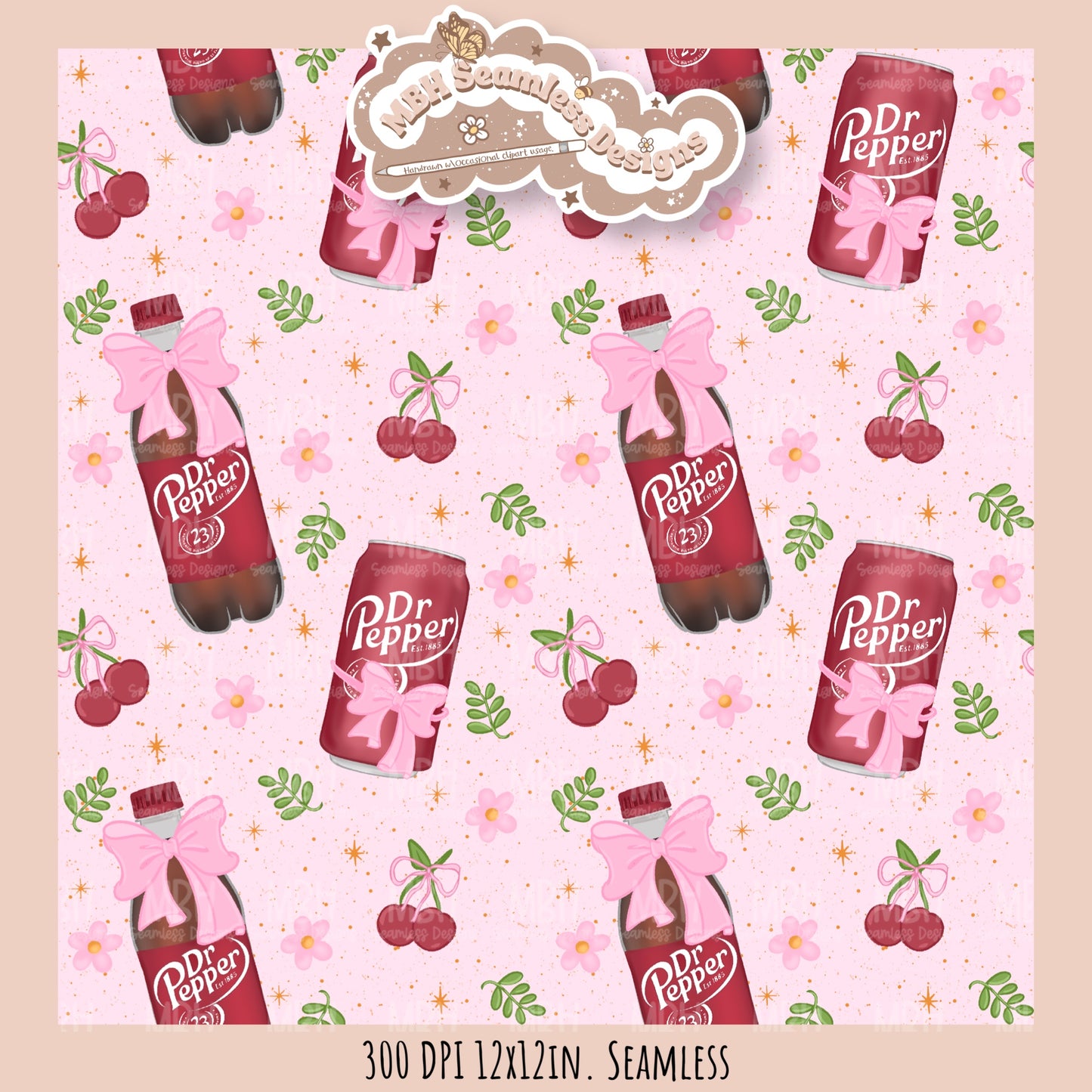 Coquette Dr. Pepper Floral Seamless Pattern // Multiple Colorway Options