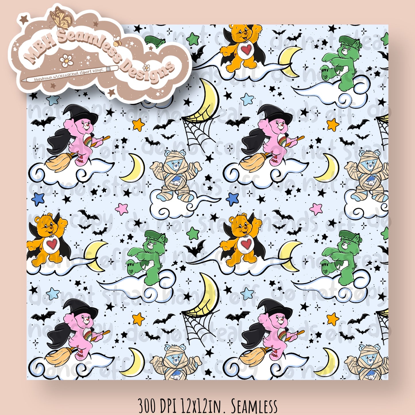 Spooky Care Bears Seamless Pattern & PNG MULTIPLE COLORWAYS