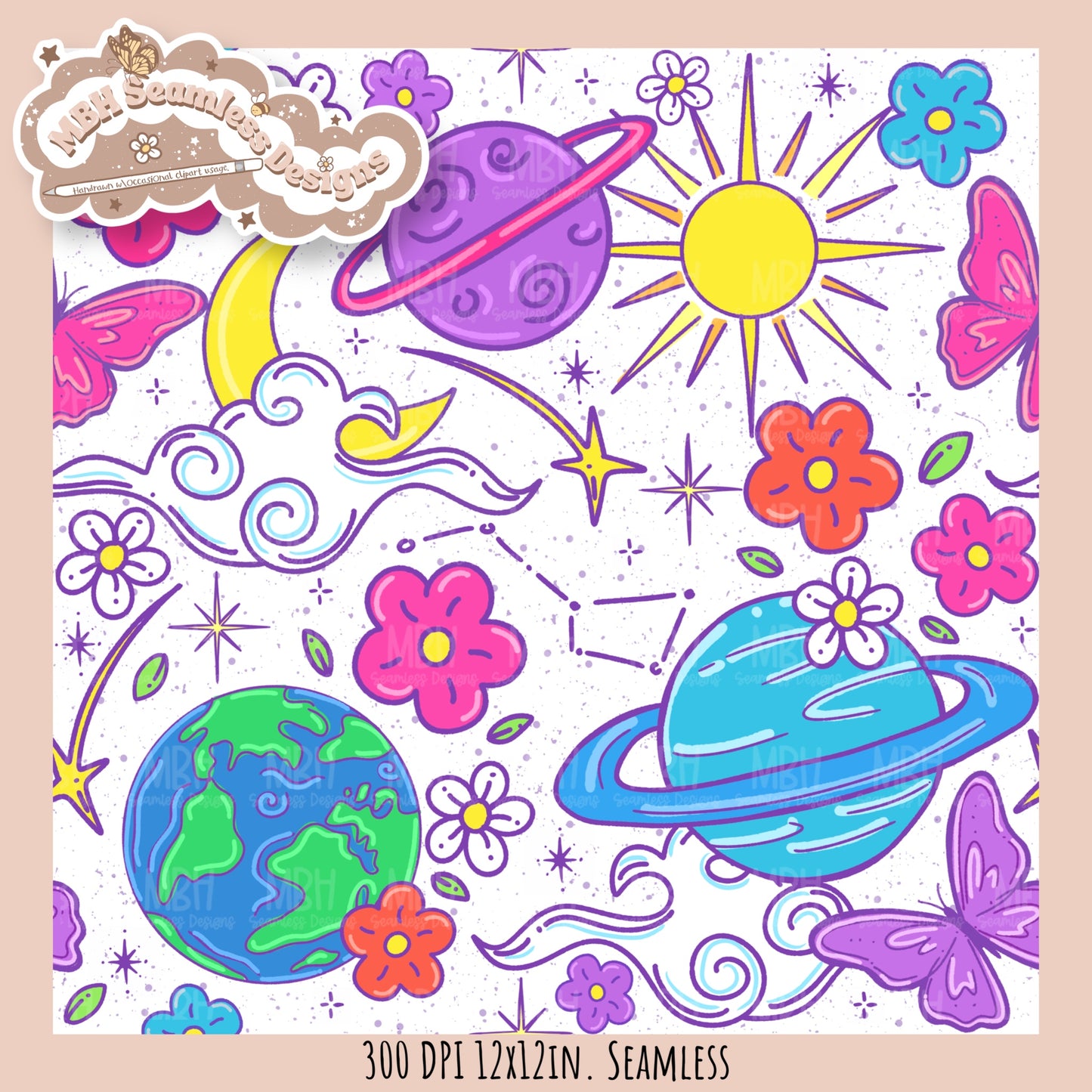 Bright Galaxy Floral Seamless Pattern Multiple Colorways