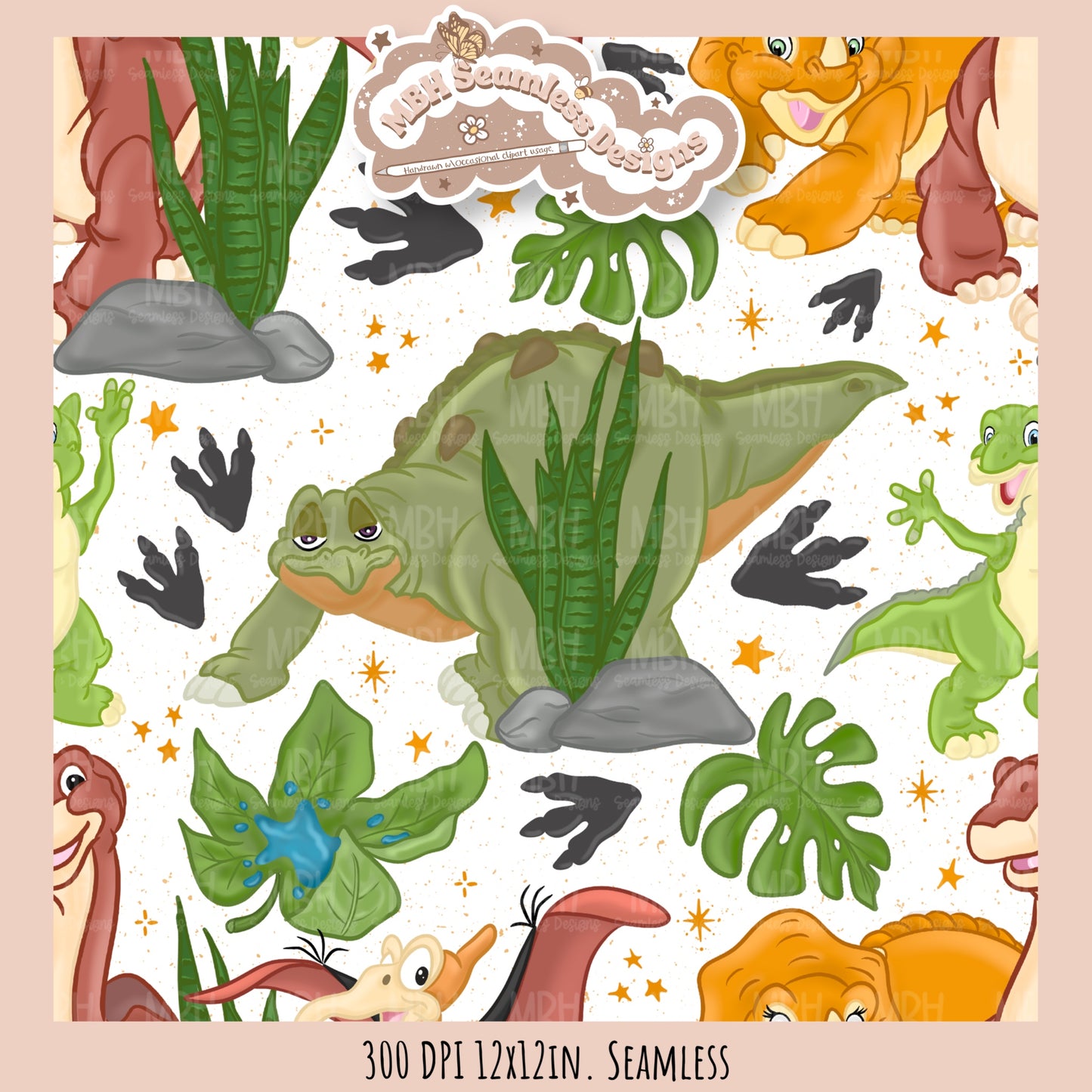 Starry LBT Dinosaurs Seamless Pattern // Multiple Colorway Options