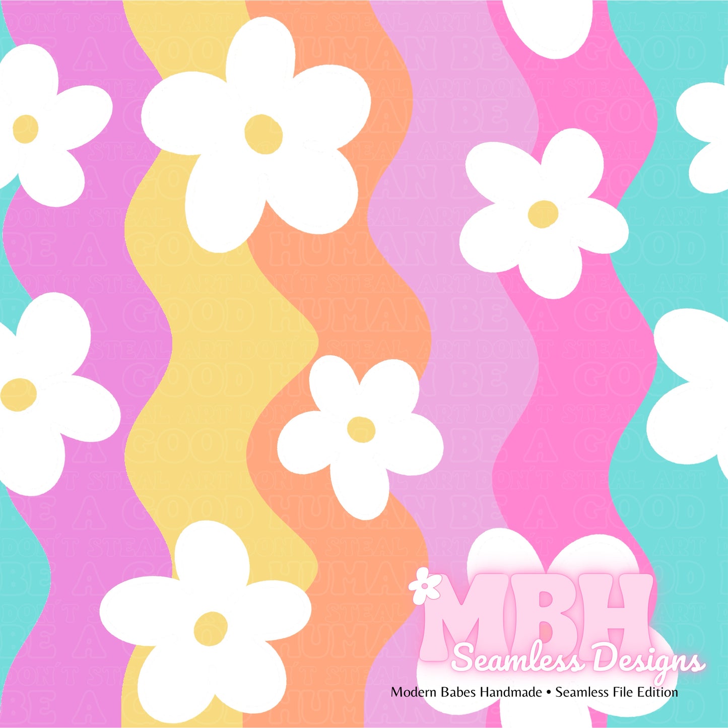 Wavy Daisy Stripes Seamless Pattern