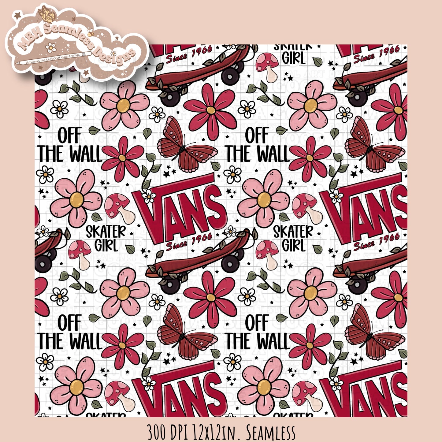 Skater Girl Floral Seamless Pattern MULTIPLE BACKGROUNDS/COLORWAYS