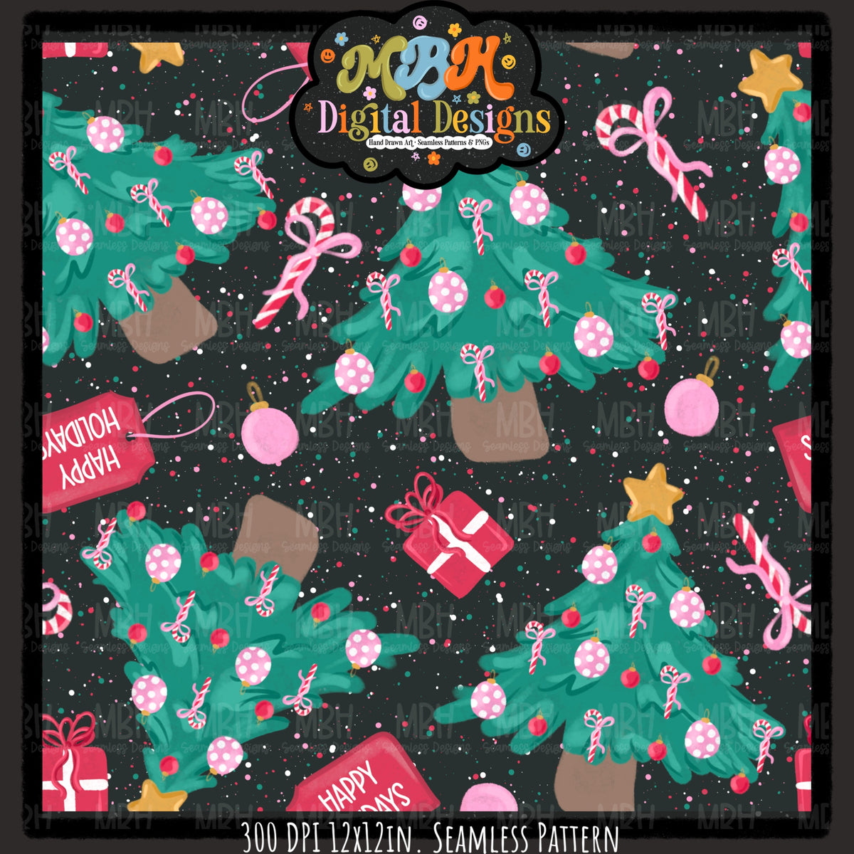 Happy Holiday Trees Seamless Pattern // PNG // MULTIPLE COLORWAYS