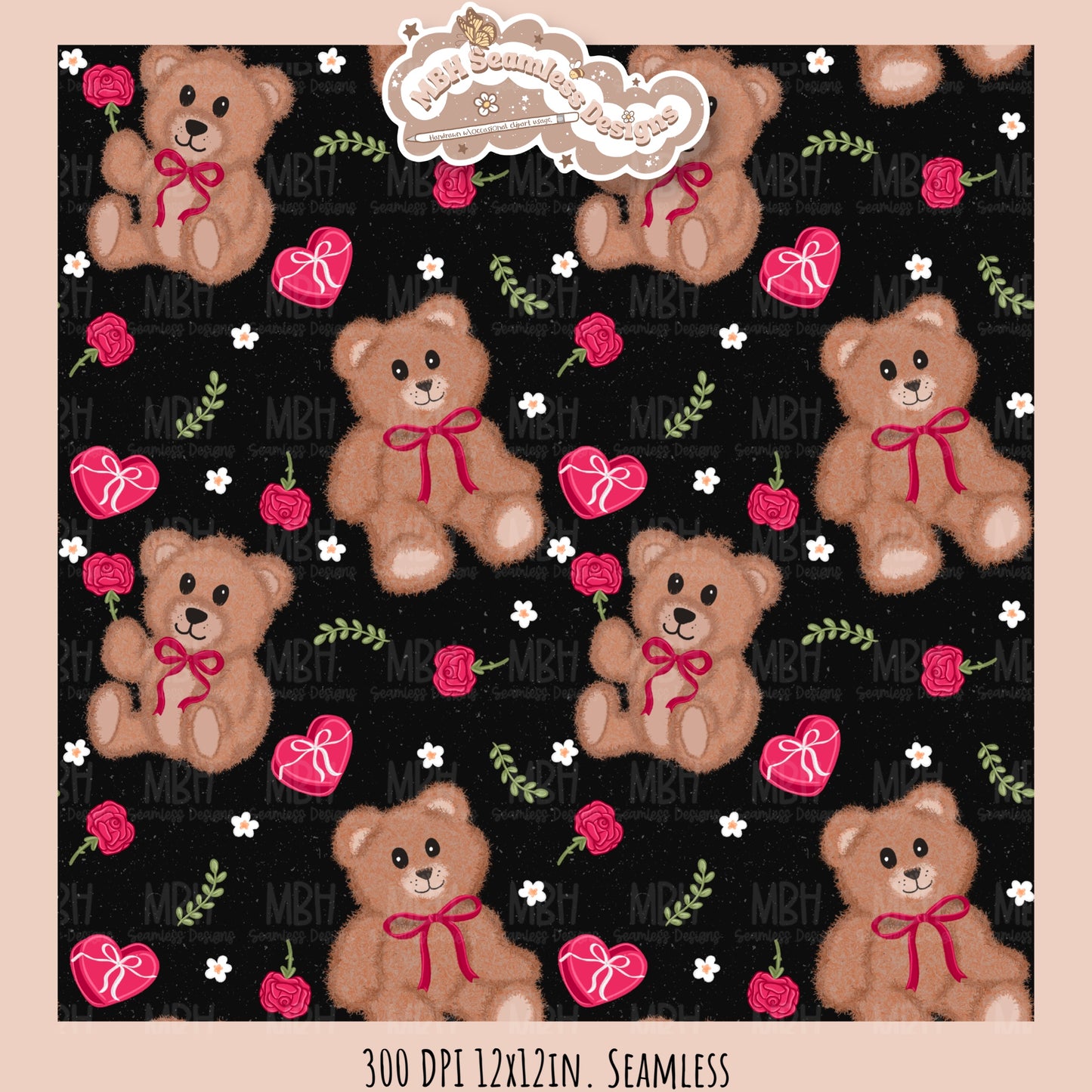 Teddy Bears & Roses Seamless Pattern // PNG // Assorted Colorways
