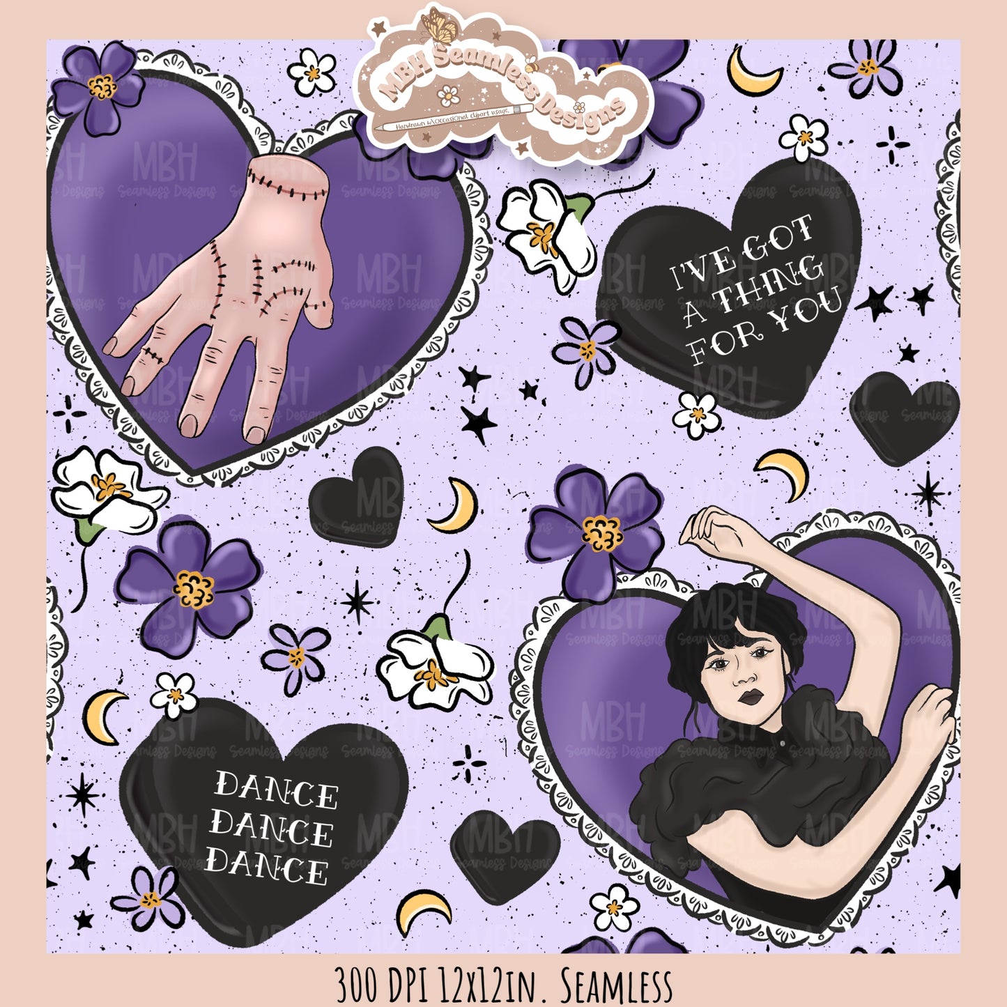 Wednesday Purple Tattoo Hearts Seamless Pattern // PNG // Assorted Colorways