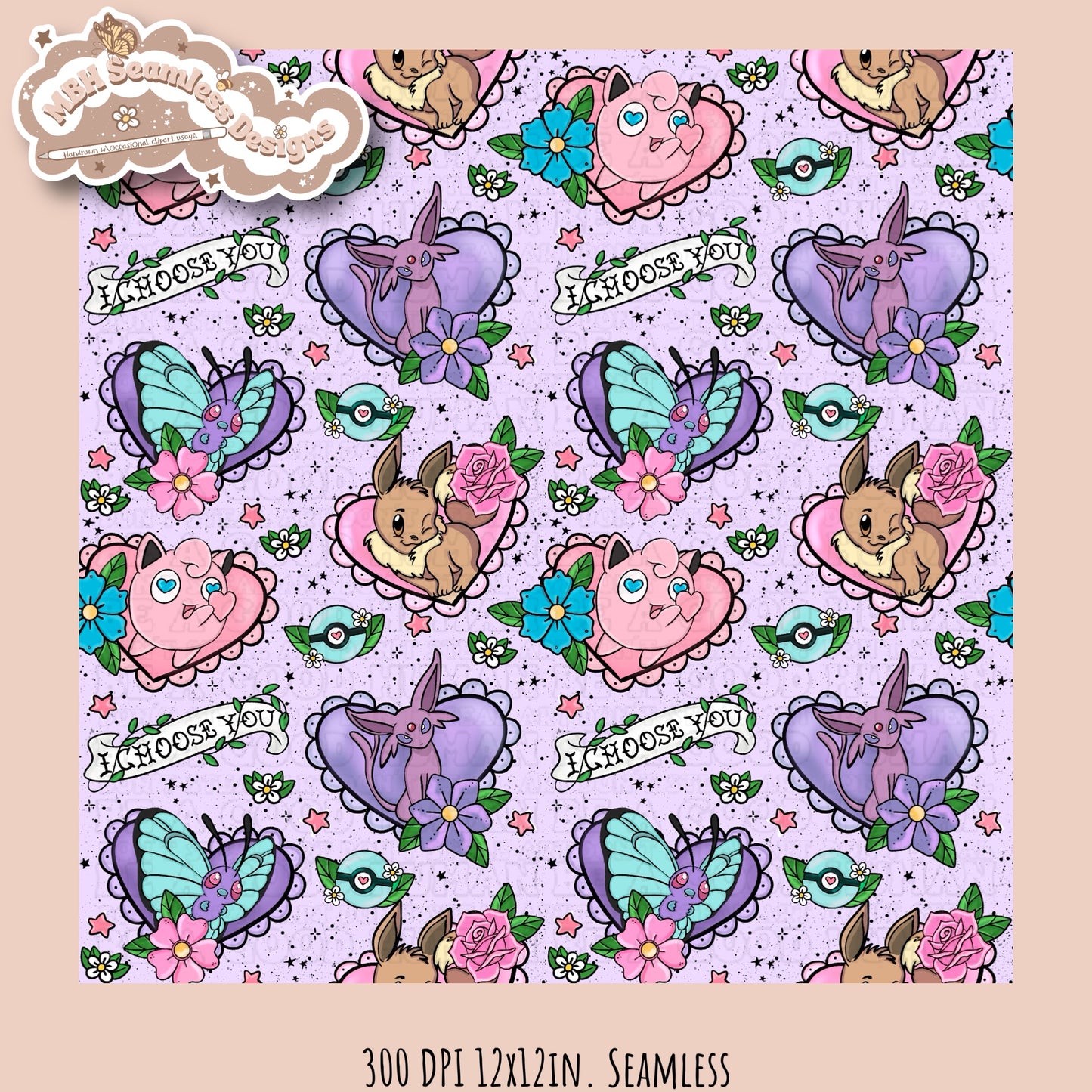 Pokémon Tattoo Hearts Seamless Pattern Multiple Colorways