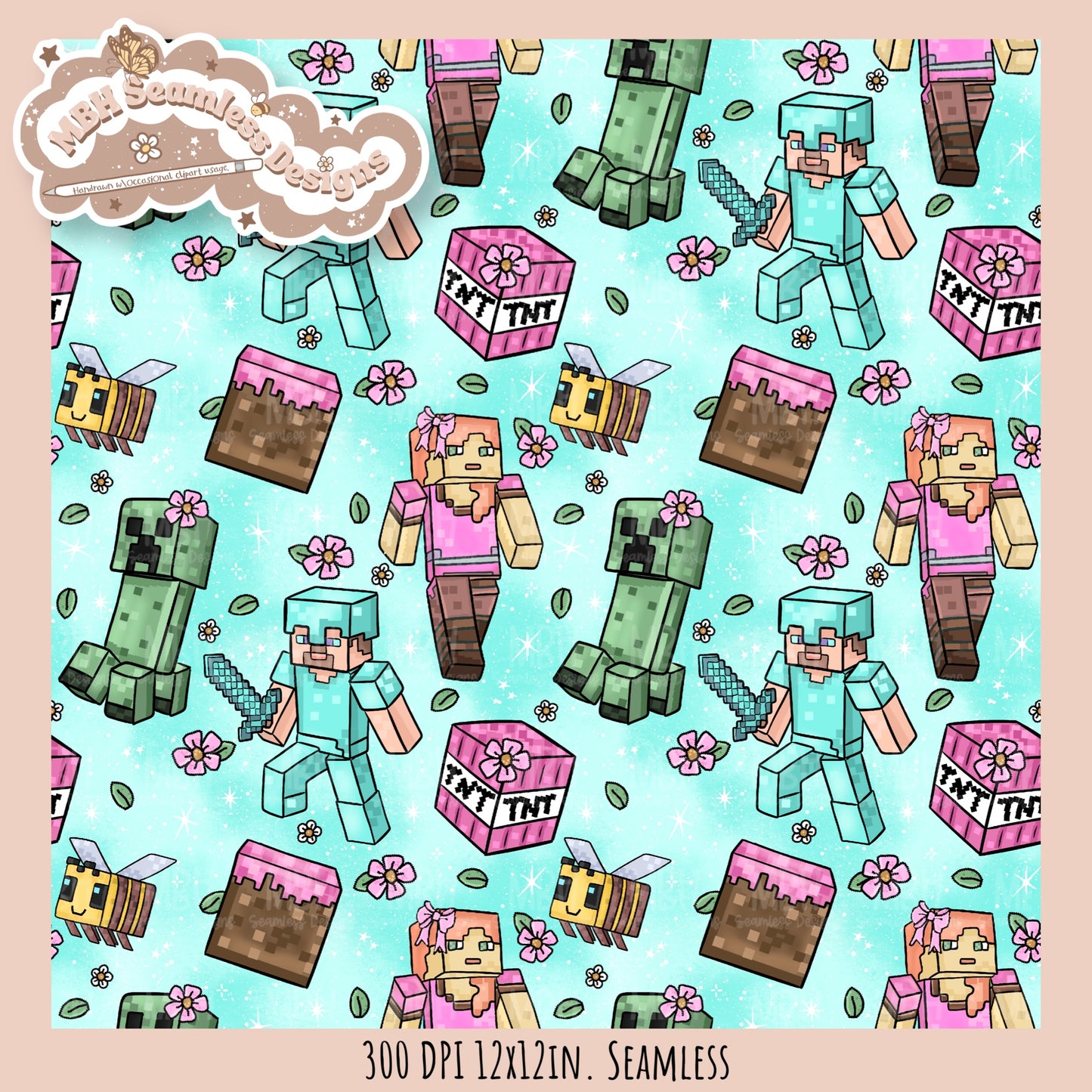 Girly Minecraft Seamless Pattern MULTIPLE COLORWAYS