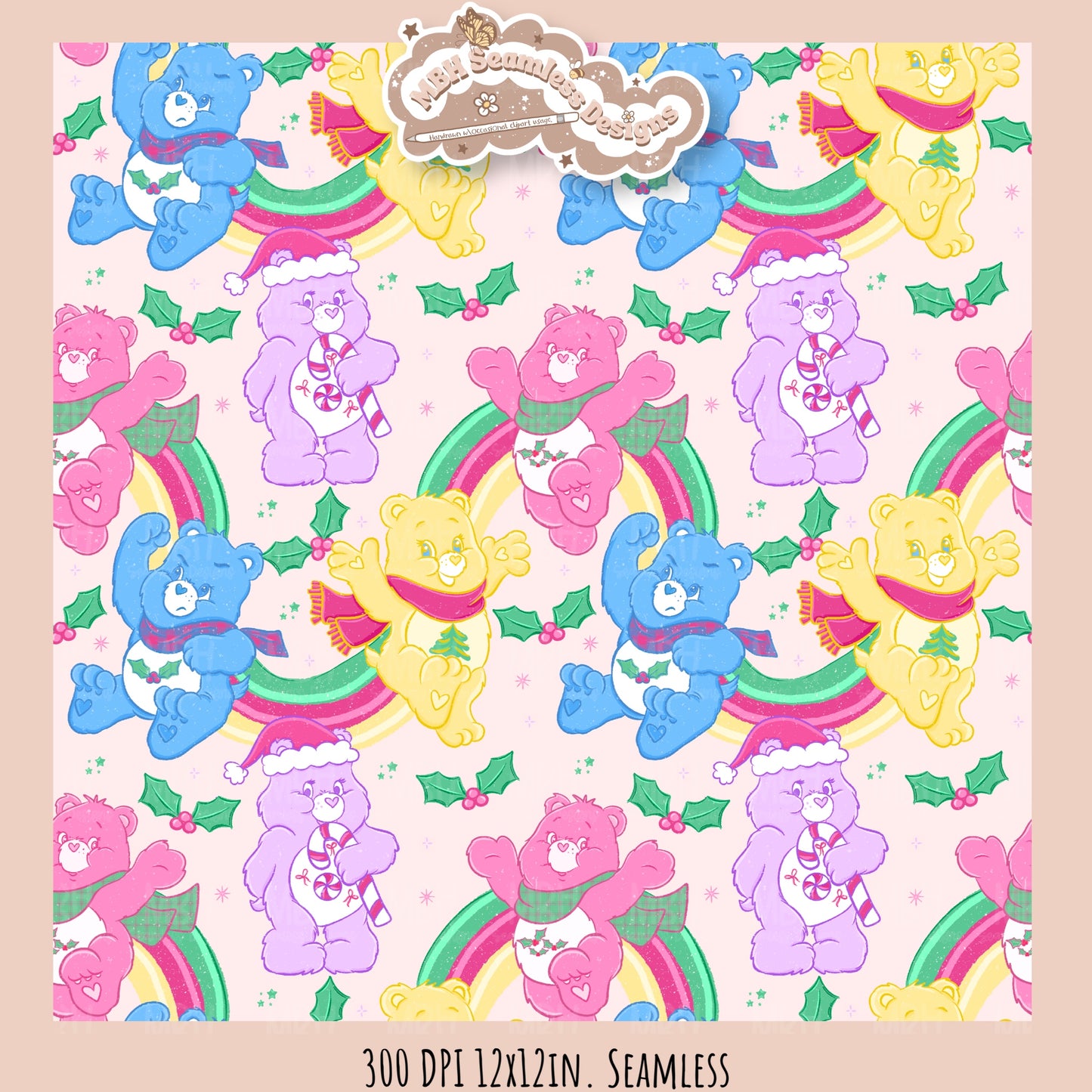 Holiday Care Bears Seamless Pattern // Assorted Colorway Options