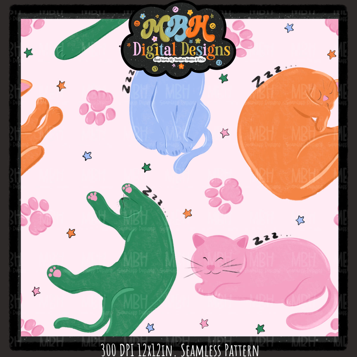 Retro Starry Sleepy Cats Seamless Pattern // PNG // MULTIPLE COLORWAYS