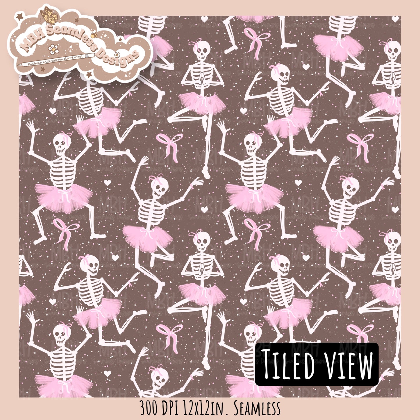 Ballerina Skeletons Seamless Pattern•PNG•Multiple Colorways