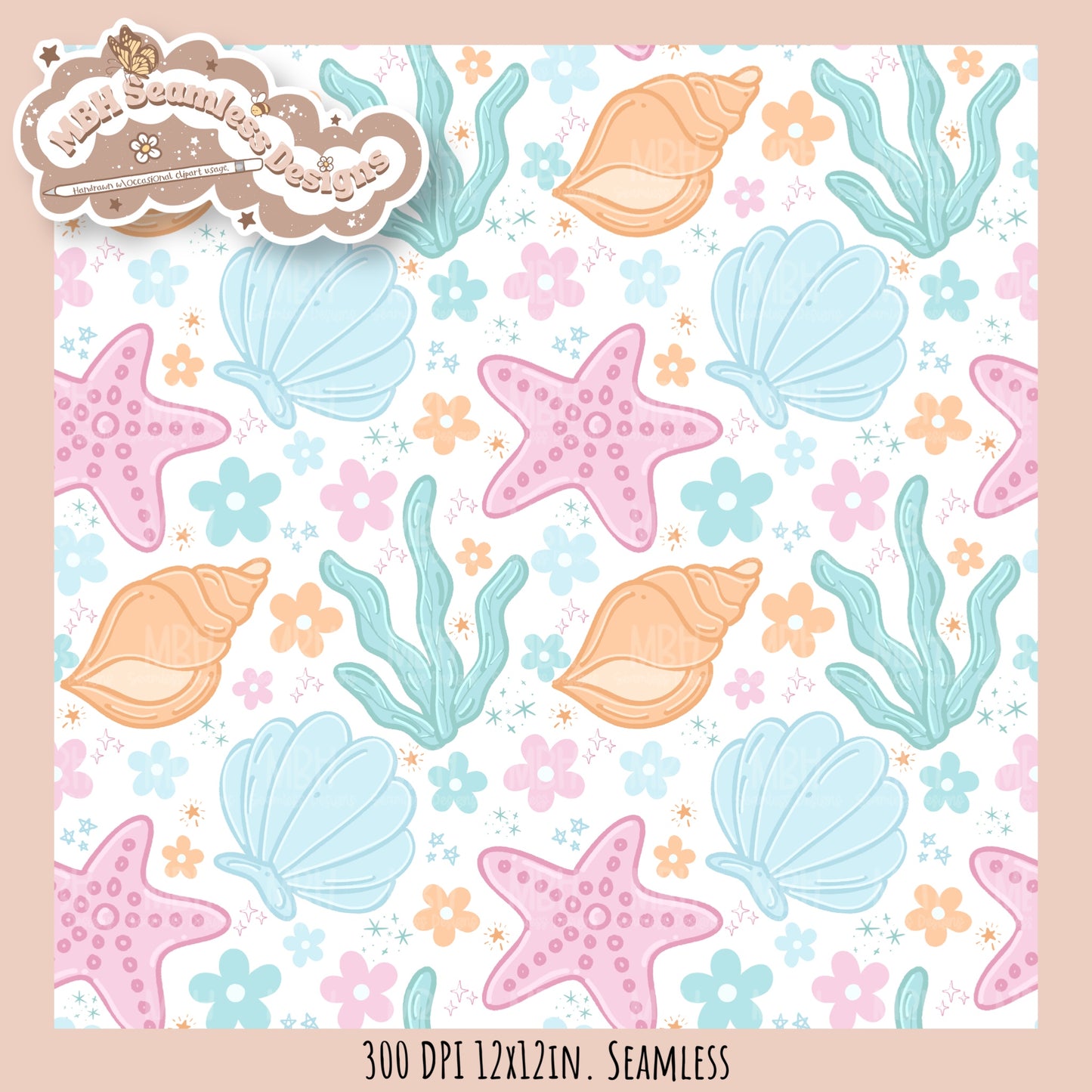 Pastel Seashells & Daisies Seamless Pattern MULTIPLE COLORWAYS