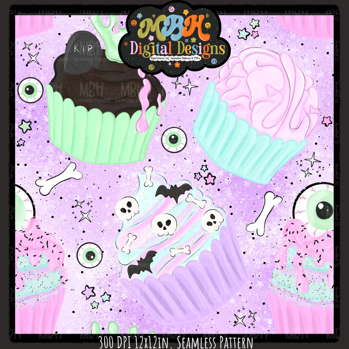 Pastel Creepy Cupcakes Seamless Pattern // PNG // MULTIPLE COLORWAYS