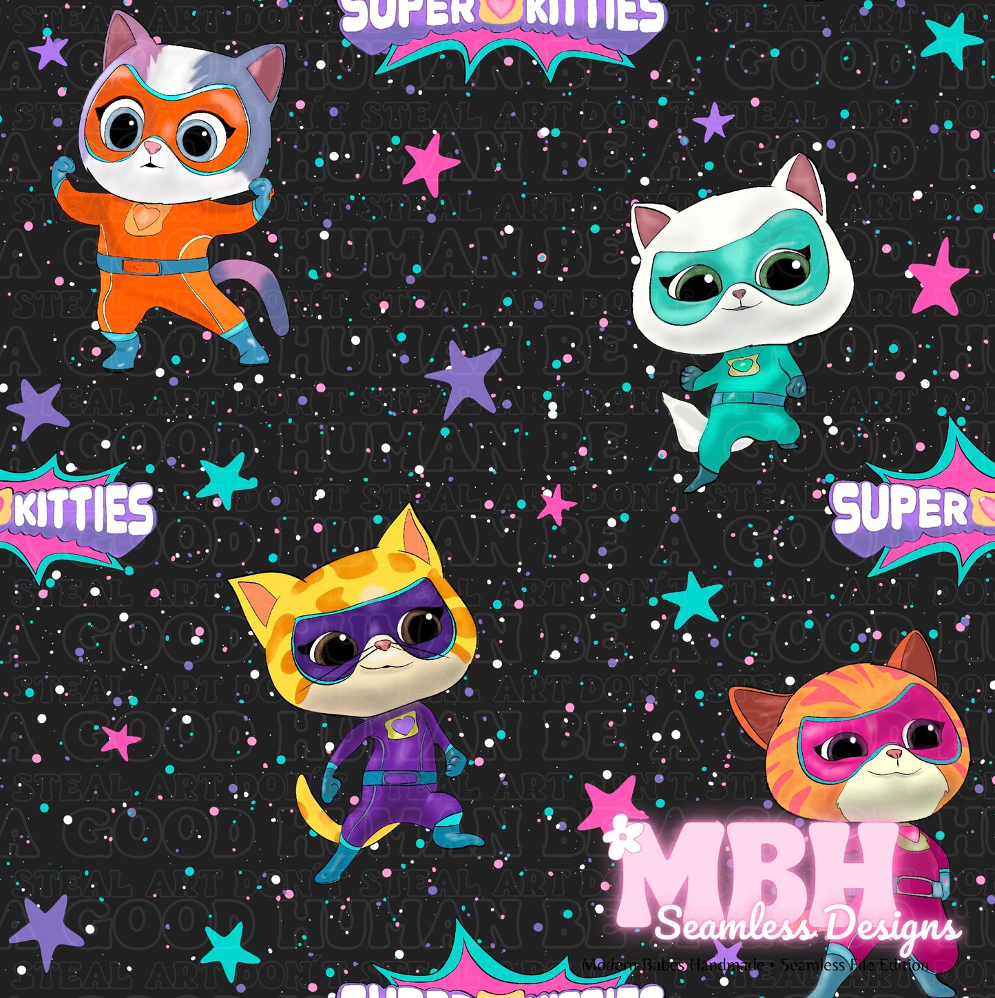 Super Kitties Charcoal Spex Seamless Pattern & PNG