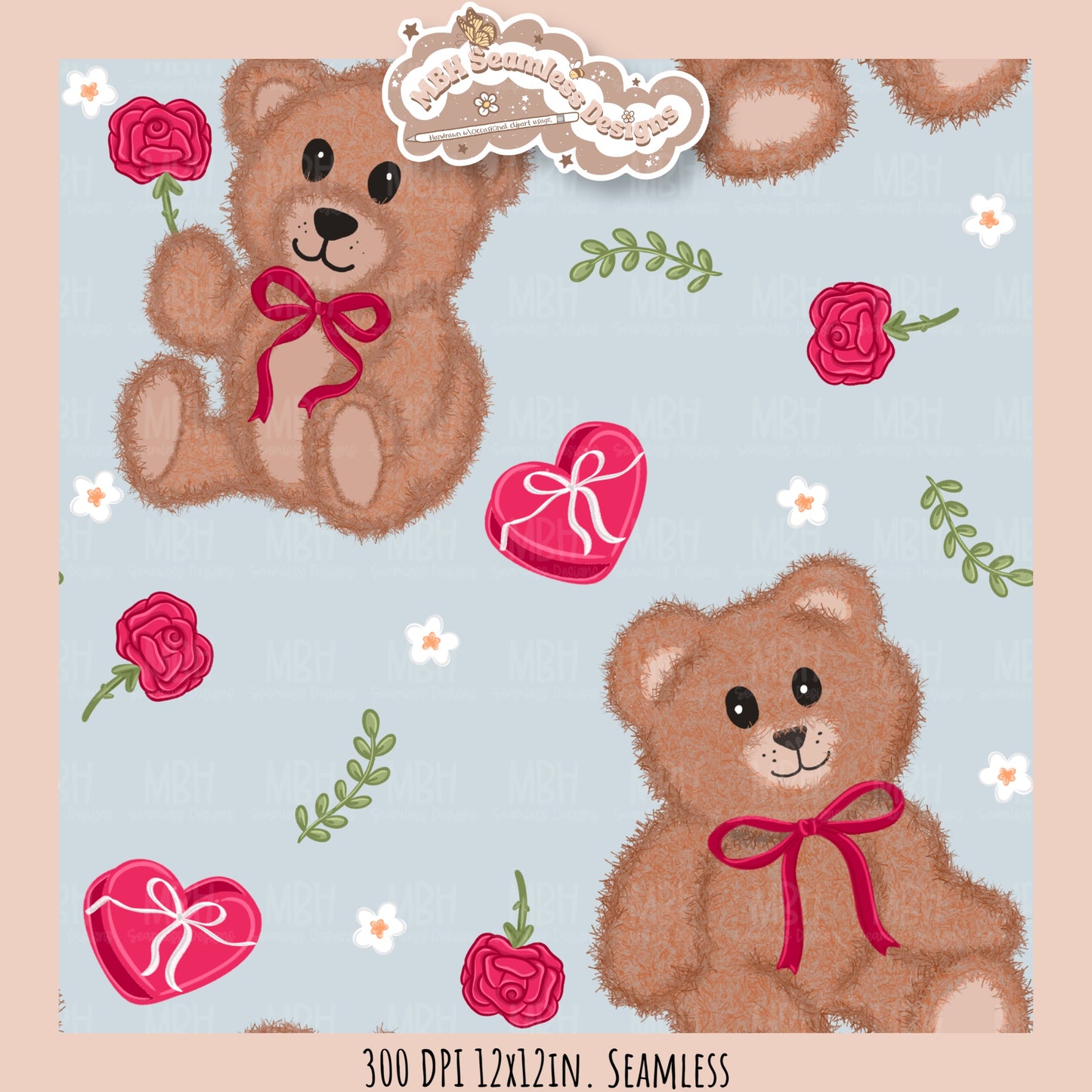 Teddy Bears & Roses Seamless Pattern // PNG // Assorted Colorways