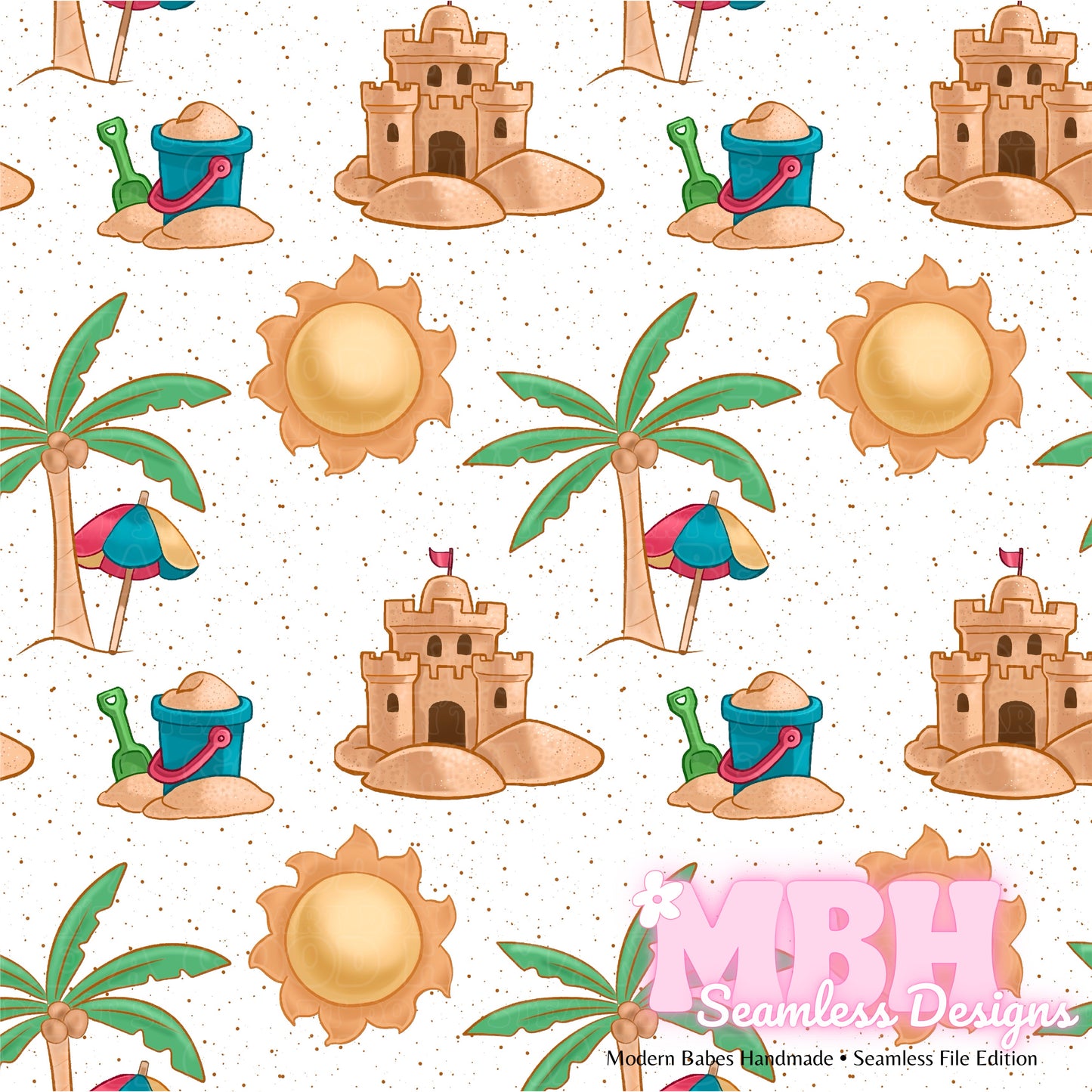 Sun and Sandcastles Seamless Pattern MULTIPLE COLORWAYS