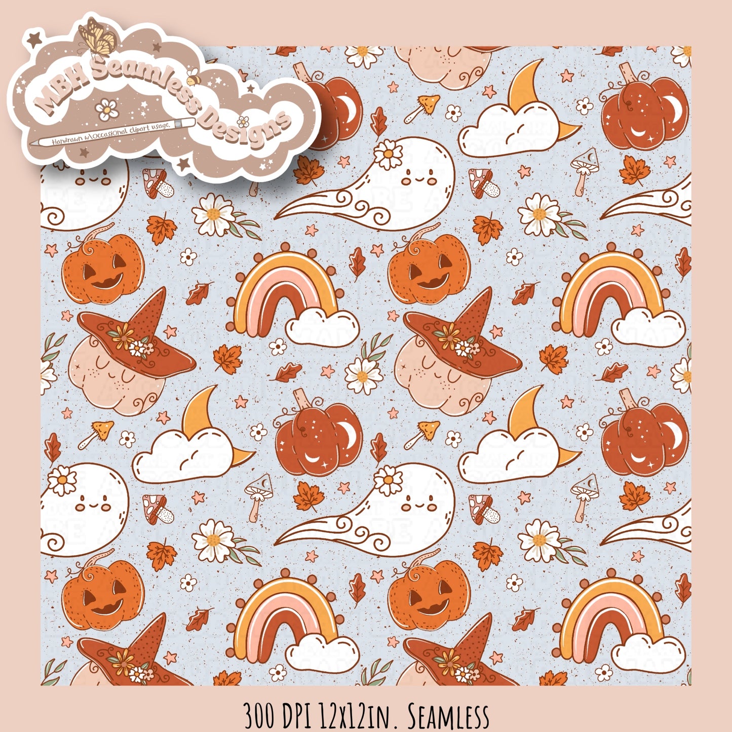 Boho Floral Pumpkin Ghost Seamless MULTIPLE COLORWAYS