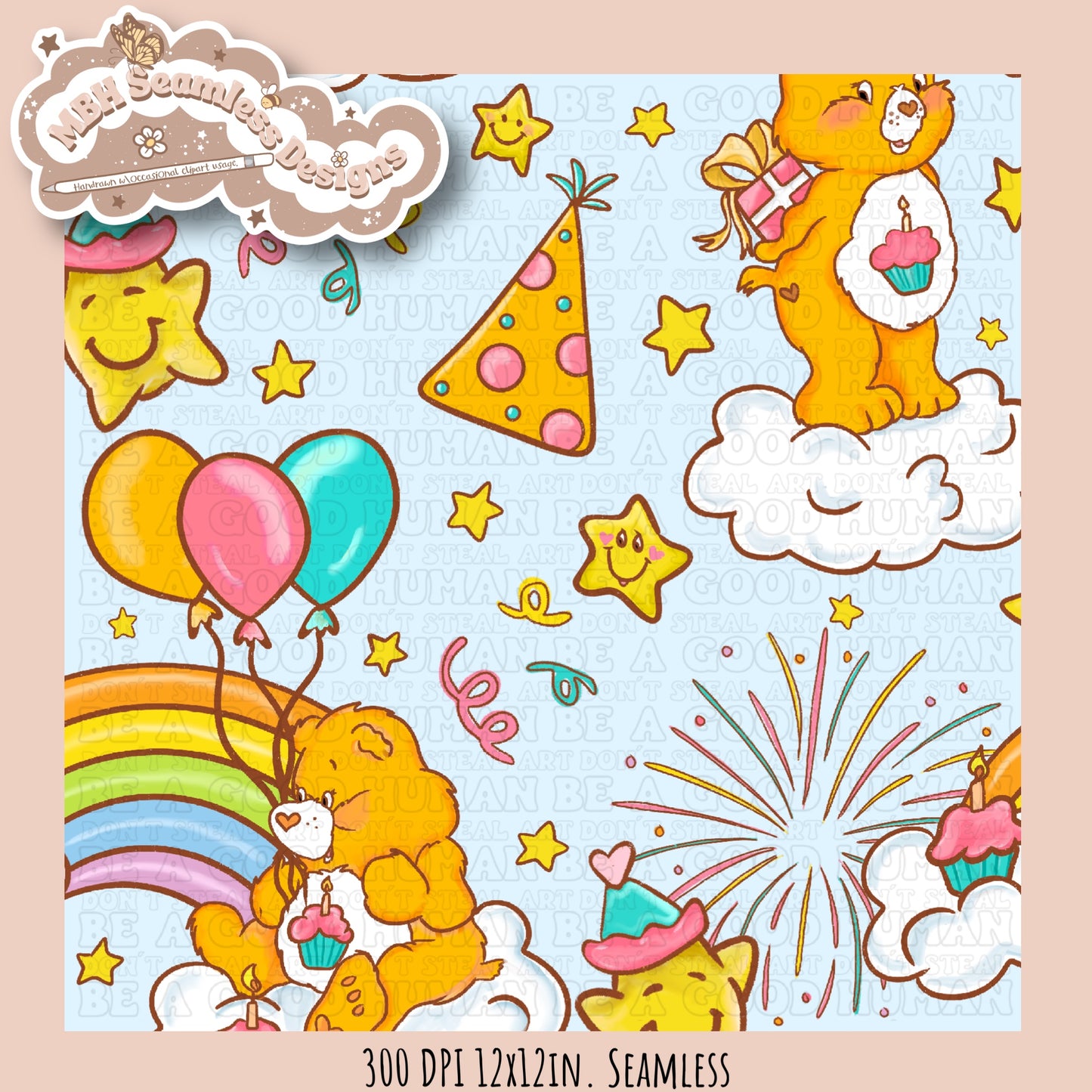 Birthday Care Bear Seamless Pattern & PNG MULTIPLE COLORWAY OPTIONS