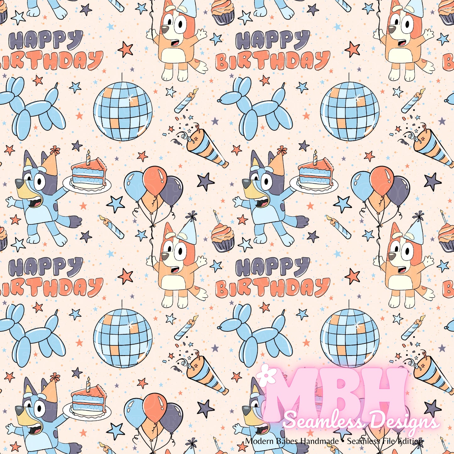 Heeler Disco Birthday MULTIPLE COLORWAYS Seamless Pattern