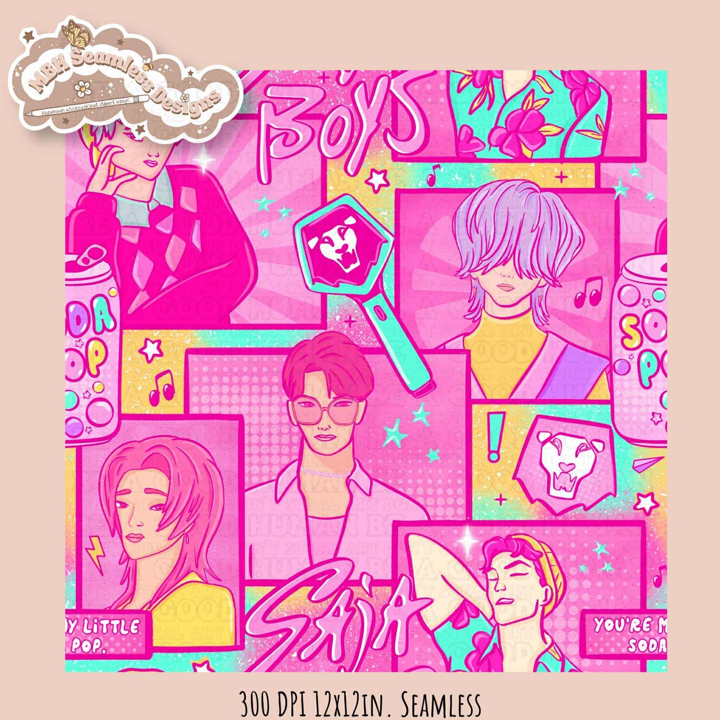 Pink Comic Soda Pop Boys Seamless Pattern // Assorted Colorway Options