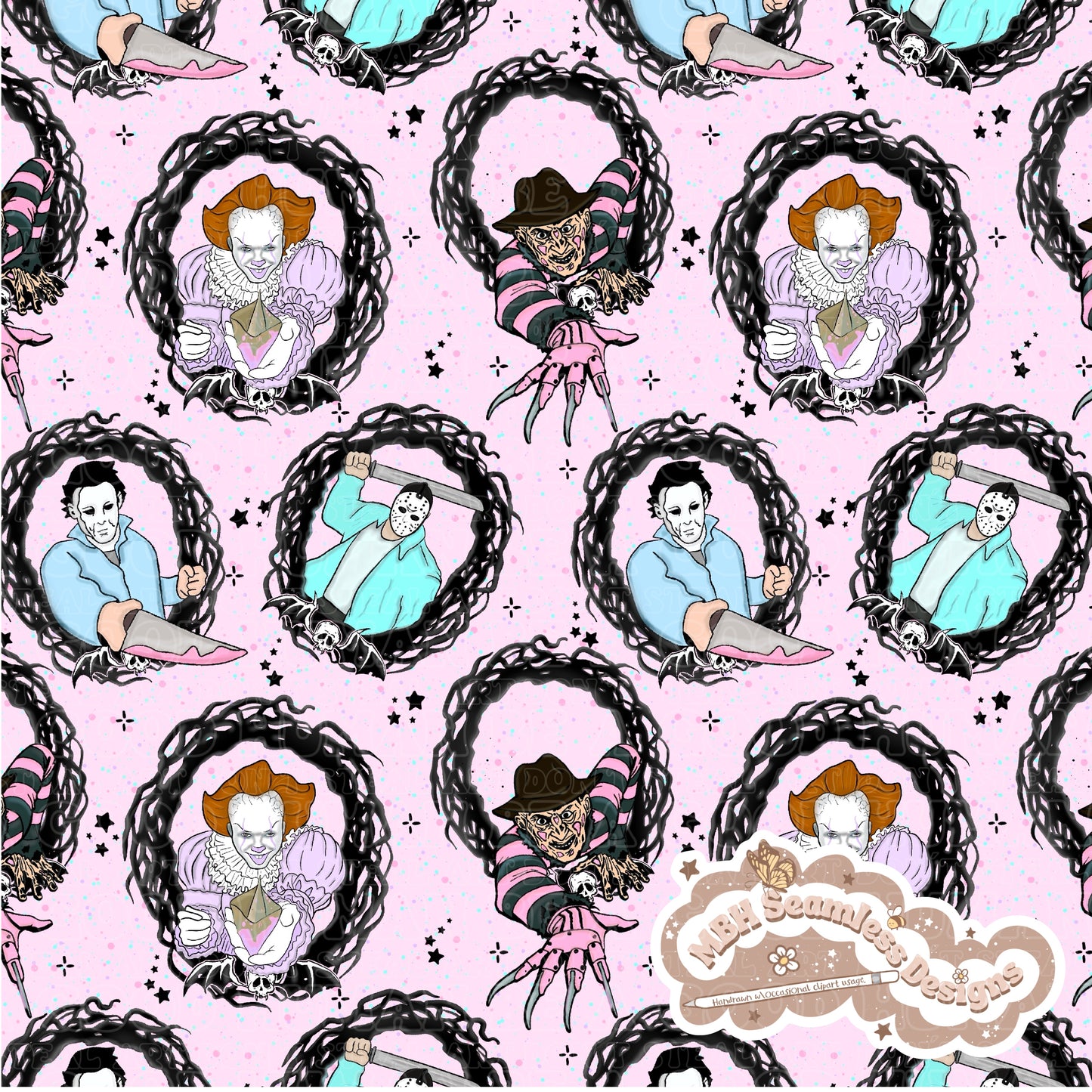 Pastel Horror Mashup Frames Seamless Pattern Multiple Colorways