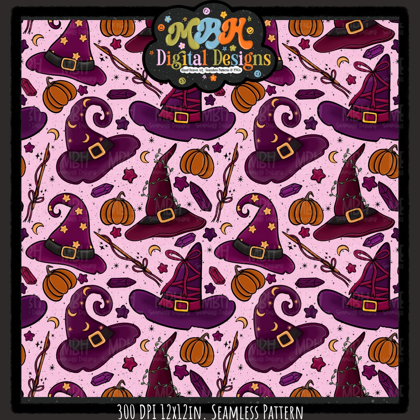 Witch Hats and Pumpkins Seamless Pattern // PNG // MULTIPLE COLORWAYS