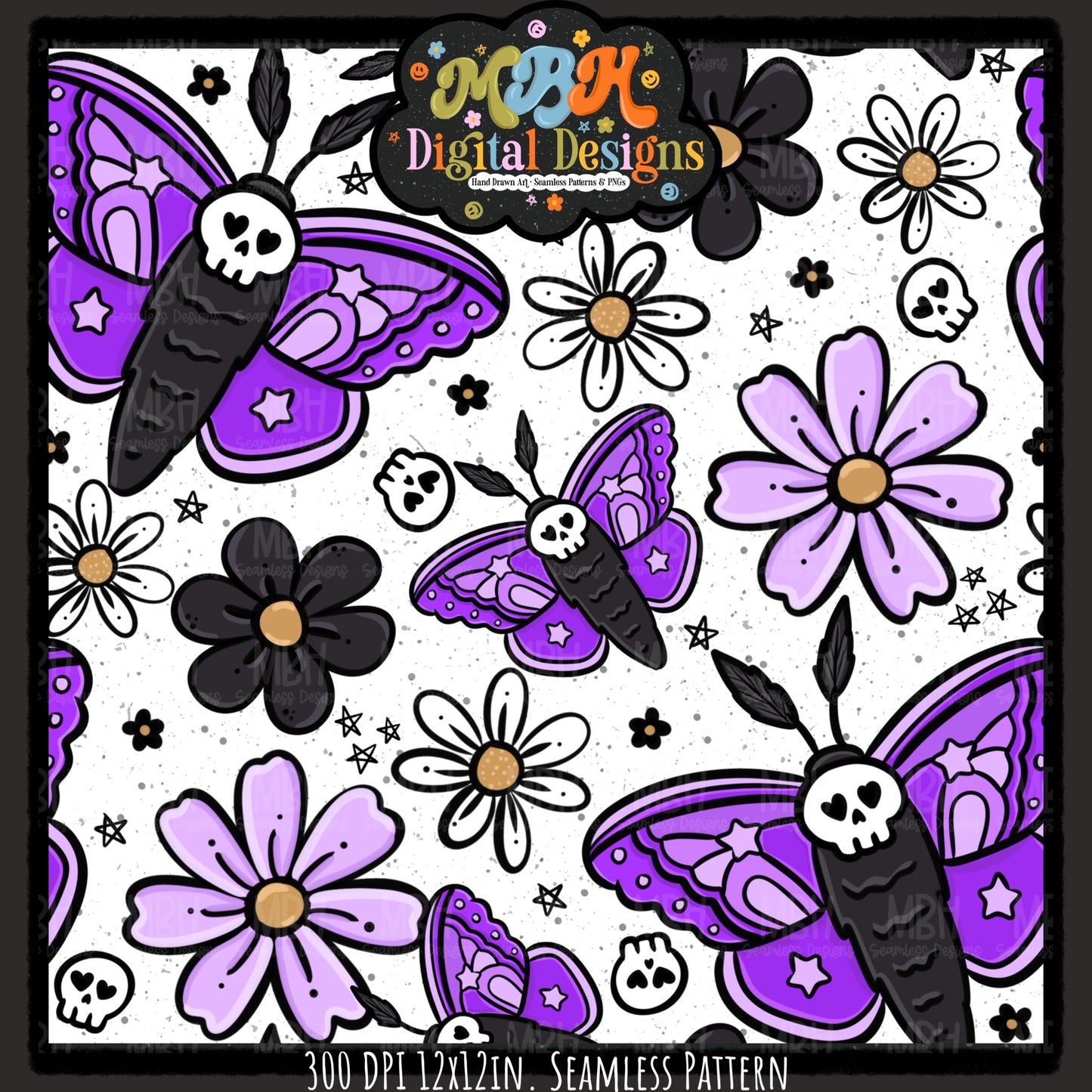 Purple Floral Death Moths Seamless Pattern // PNG // MULTIPLE COLORWAYS