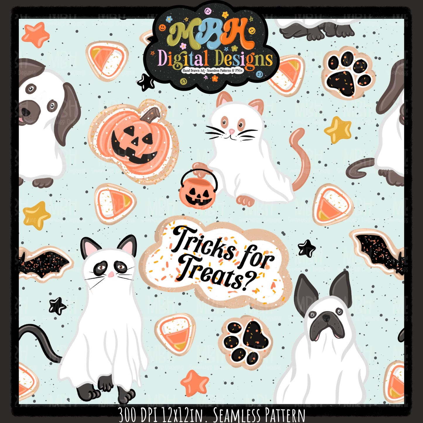 Ghost Cats & Dogs Seamless Pattern // PNG // MULTIPLE COLORWAYS