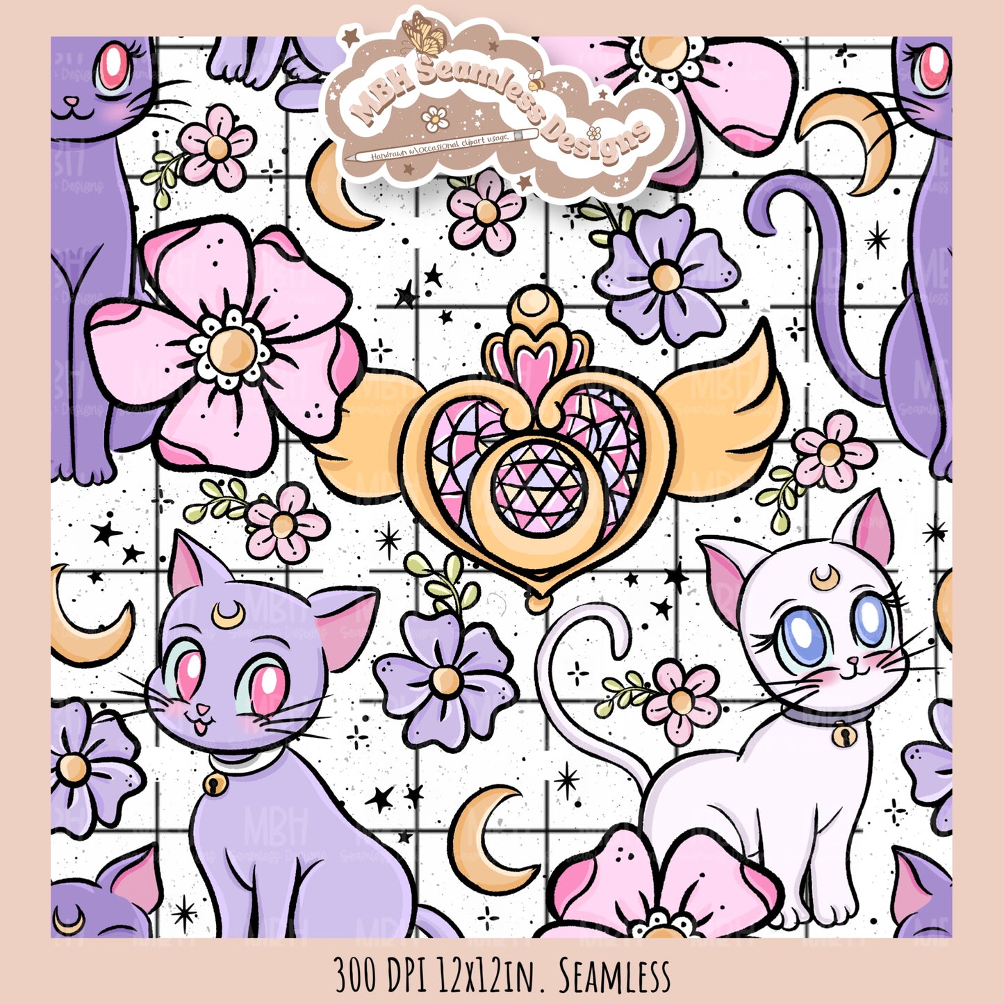 Sailor Moon Cats Seamless Pattern // PNG // MULTIPLE COLORWAY OPTIONS