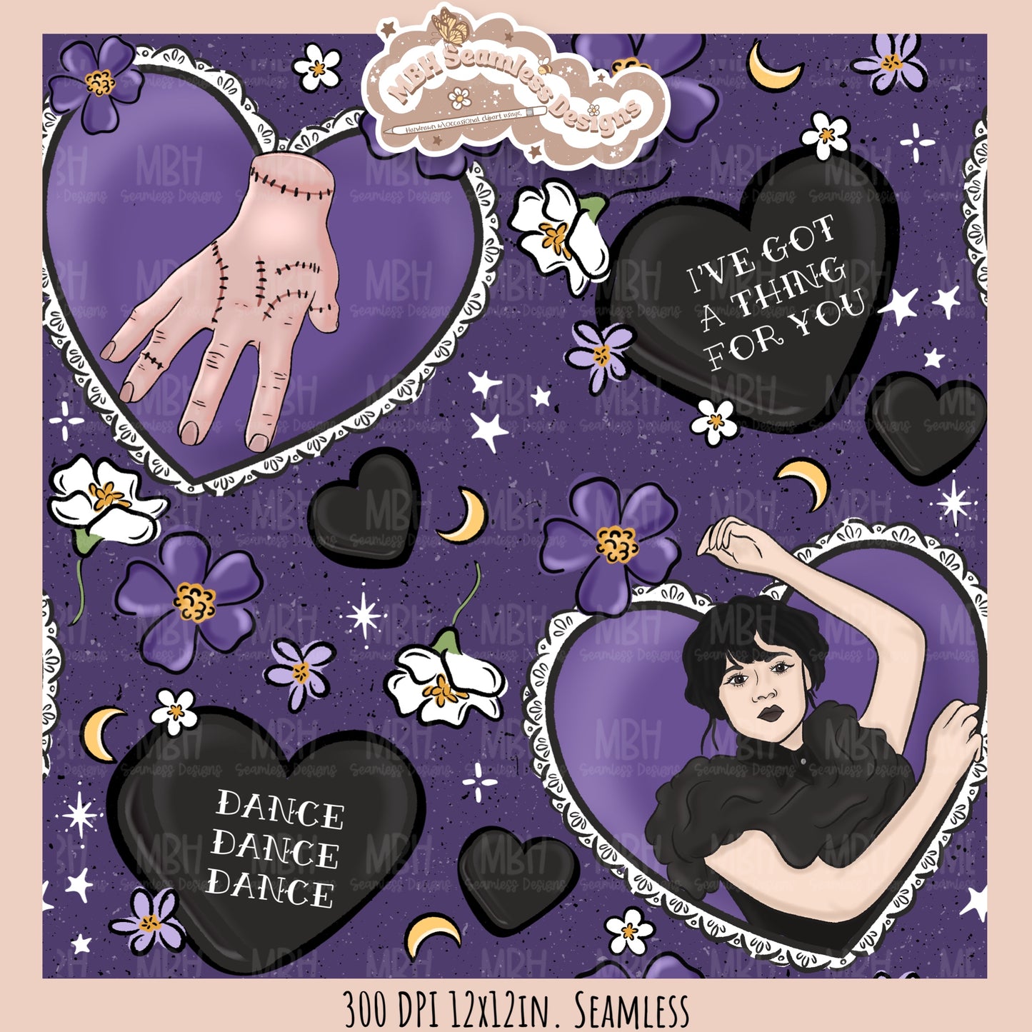 Wednesday Purple Tattoo Hearts Seamless Pattern // PNG // Assorted Colorways
