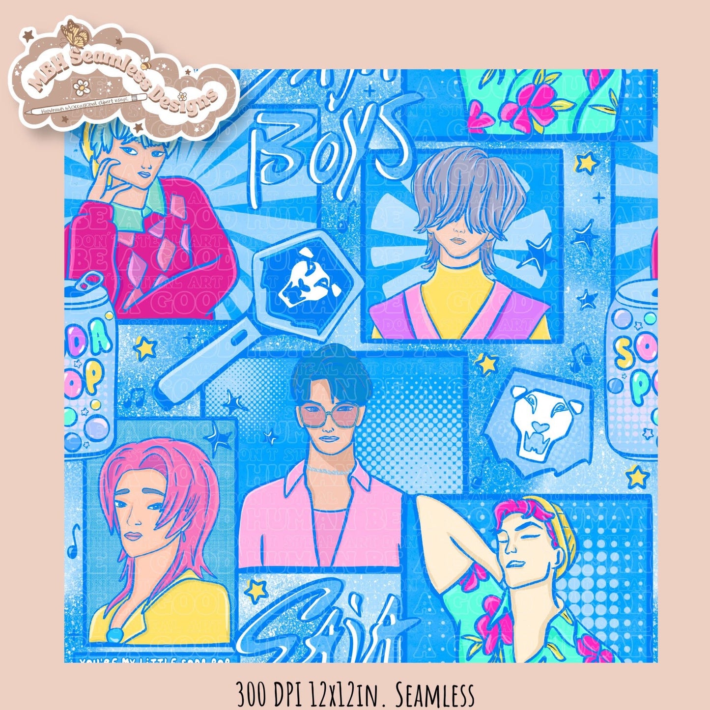 Blue Comic Soda Pop Boys Seamless Pattern // Assorted Colorway Options