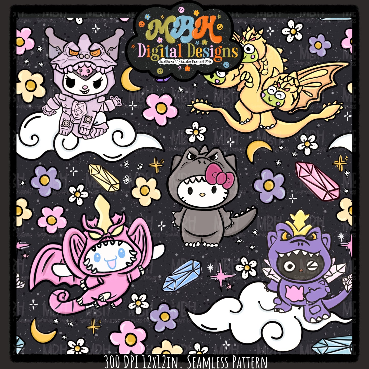 Kitty X Godzilla Seamless Pattern MULTIPLE COLORWAYS // PNG
