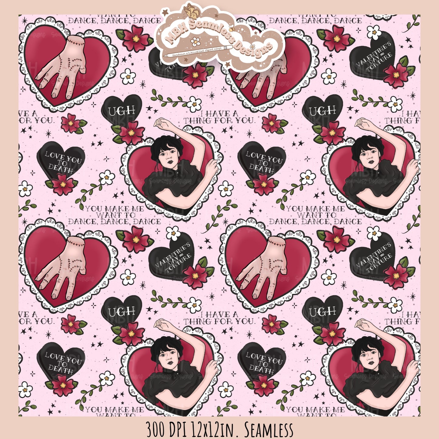 Wednesday Red Tattoo Hearts  Seamless Pattern // PNG // Assorted Colorways
