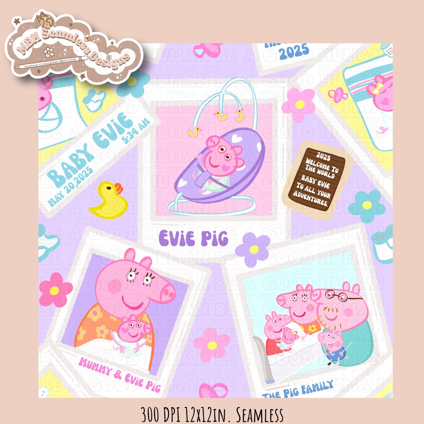 Evie Pig Polaroids Seamless Pattern • Multiple Colorway Options