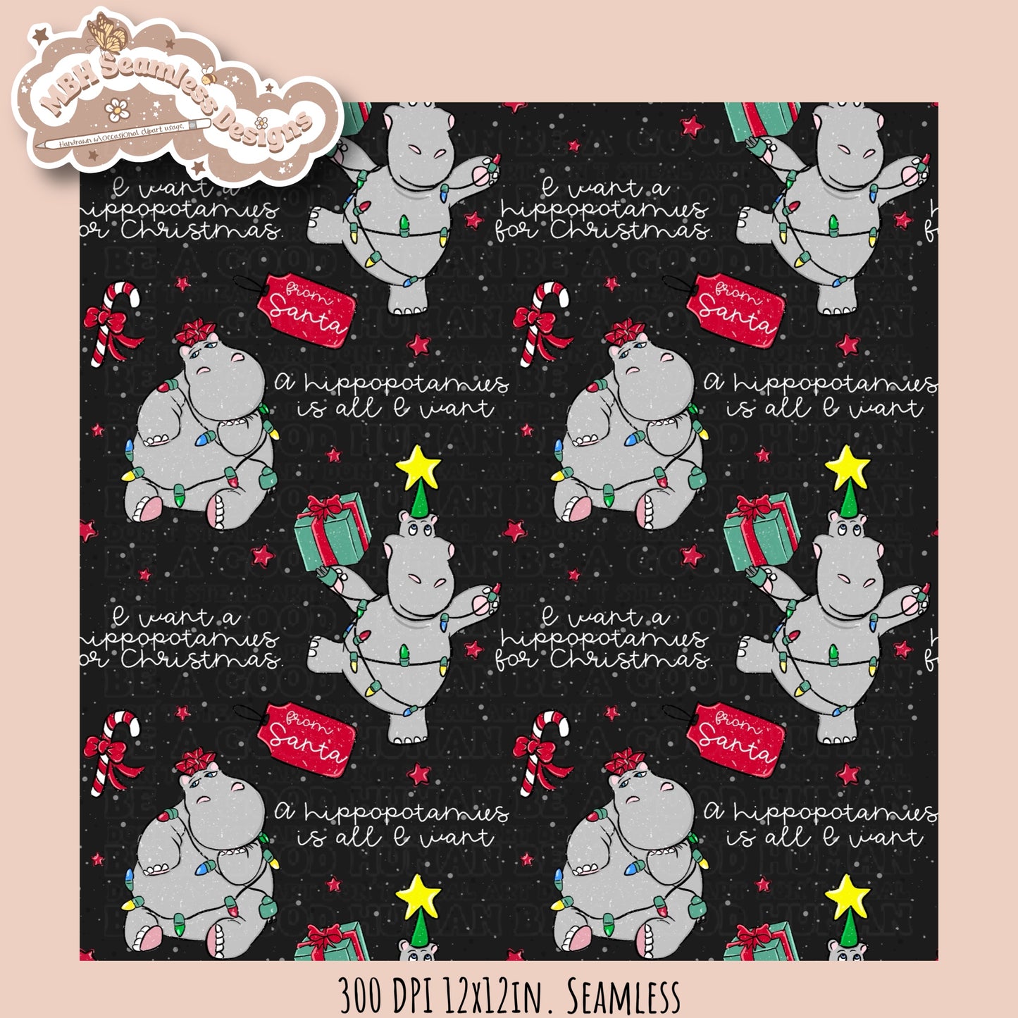 Hippopotamus Christmas Seamless Pattern MULTIPLE COLORWAYS