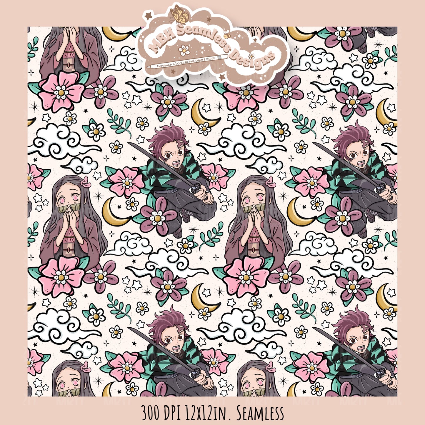 Tanjiro Nezuko Floral Seamless Pattern // MULTIPLE COLORWAY OPTIONS