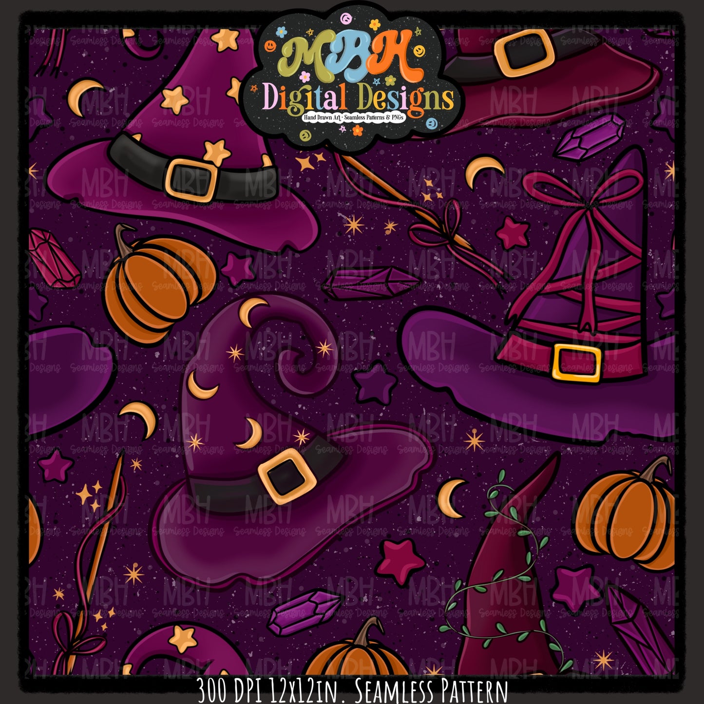 Witch Hats and Pumpkins Seamless Pattern // PNG // MULTIPLE COLORWAYS