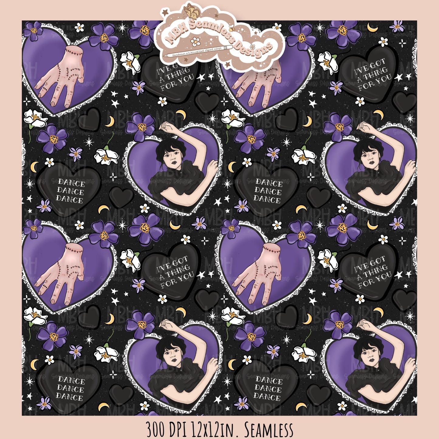 Wednesday Purple Tattoo Hearts Seamless Pattern // PNG // Assorted Colorways