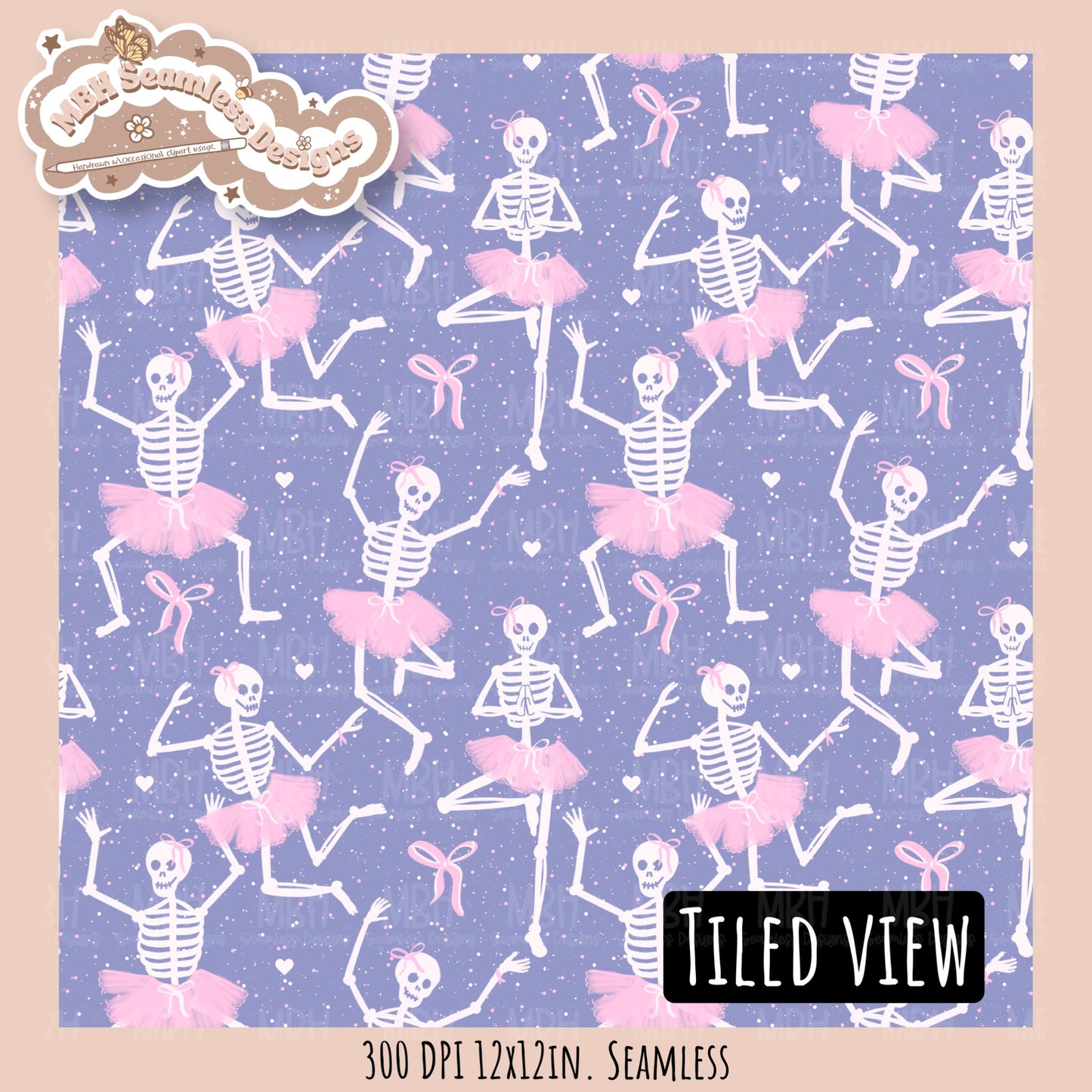 Ballerina Skeletons Seamless Pattern•PNG•Multiple Colorways