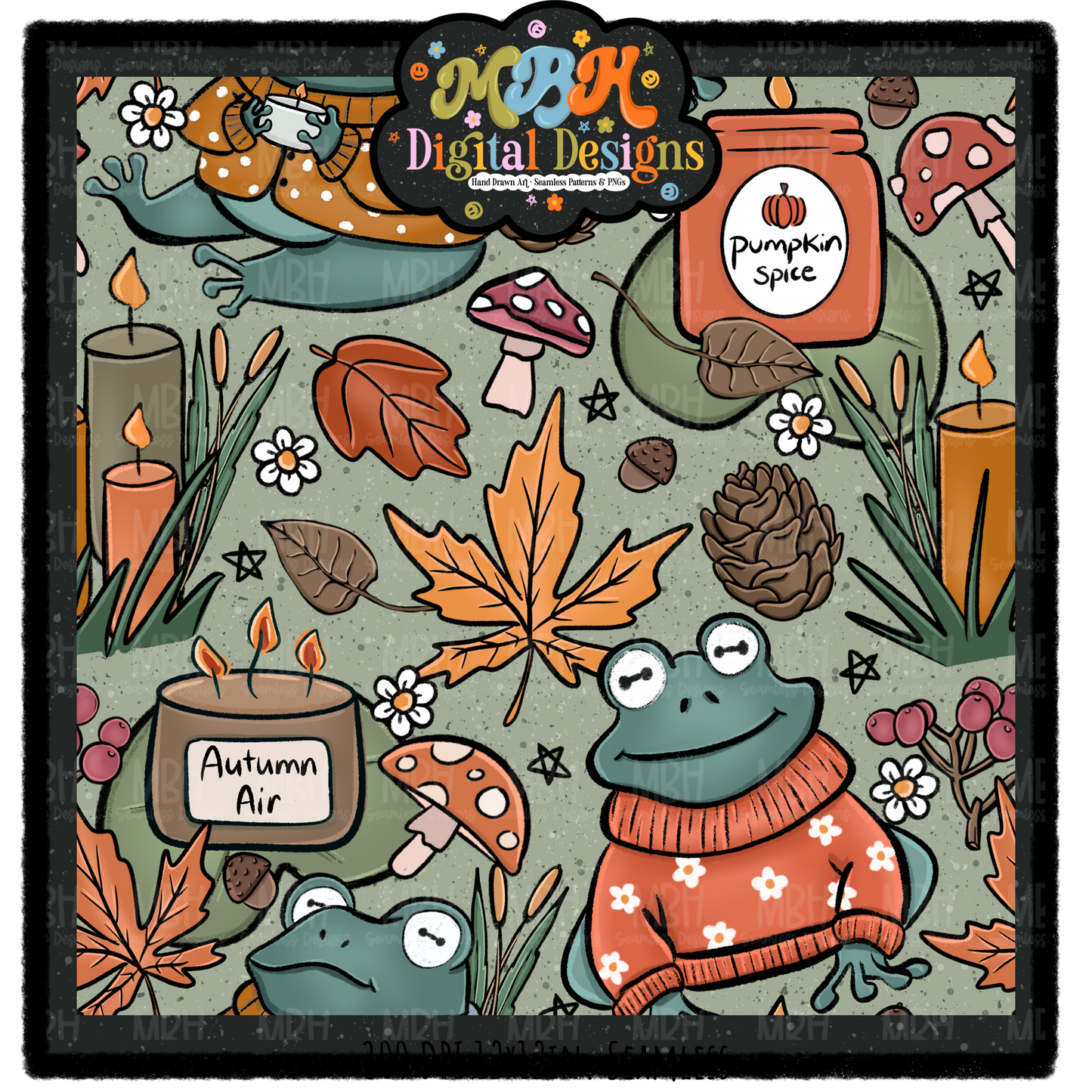 Cozy Fall Frogs Seamless Pattern // PNG // MULTIPLE COLORWAYS