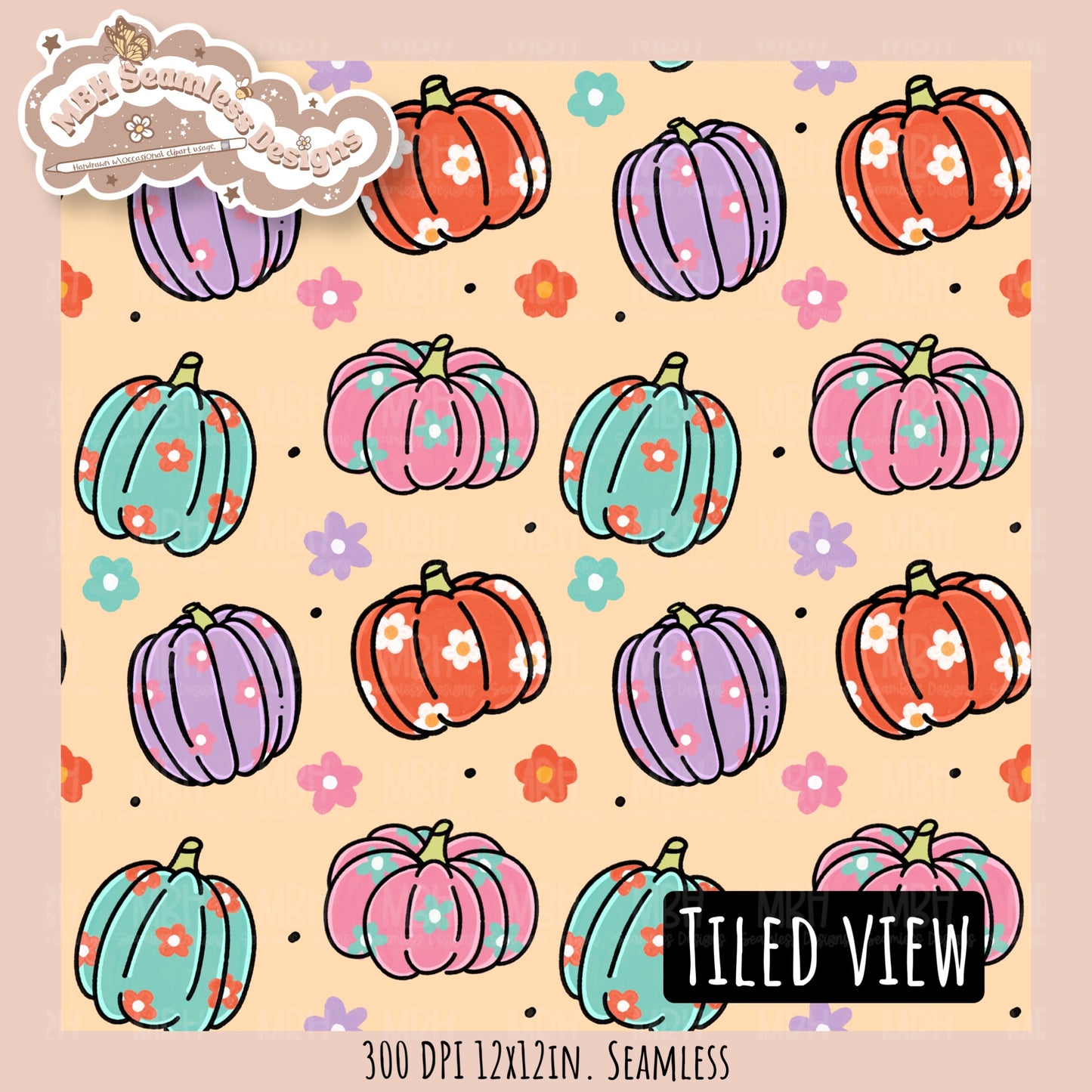 Daisy Pumpkins Seamless Pattern // Assorted Colorway Options