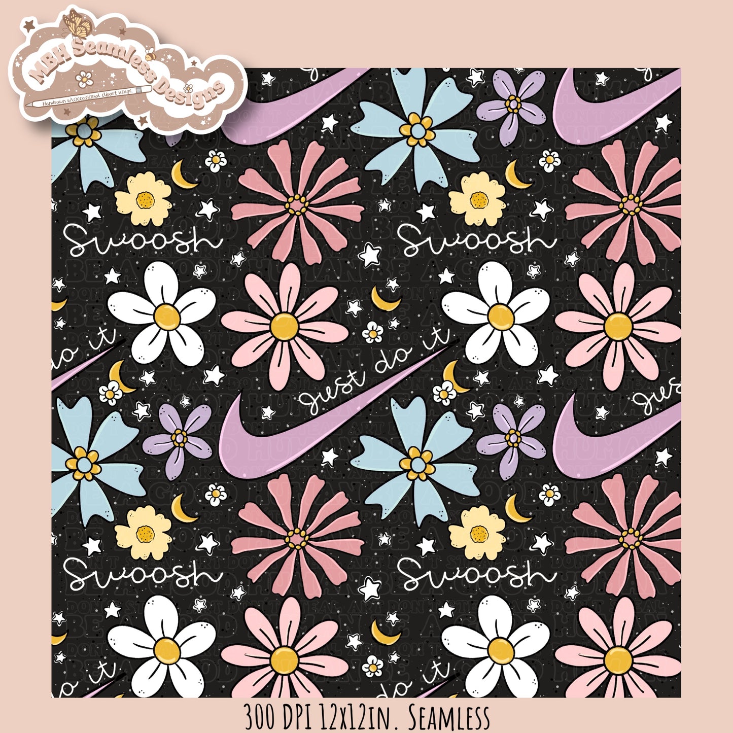 Floral Swoosh Seamless Pattern & PNG MULTIPLE COLORWAYS