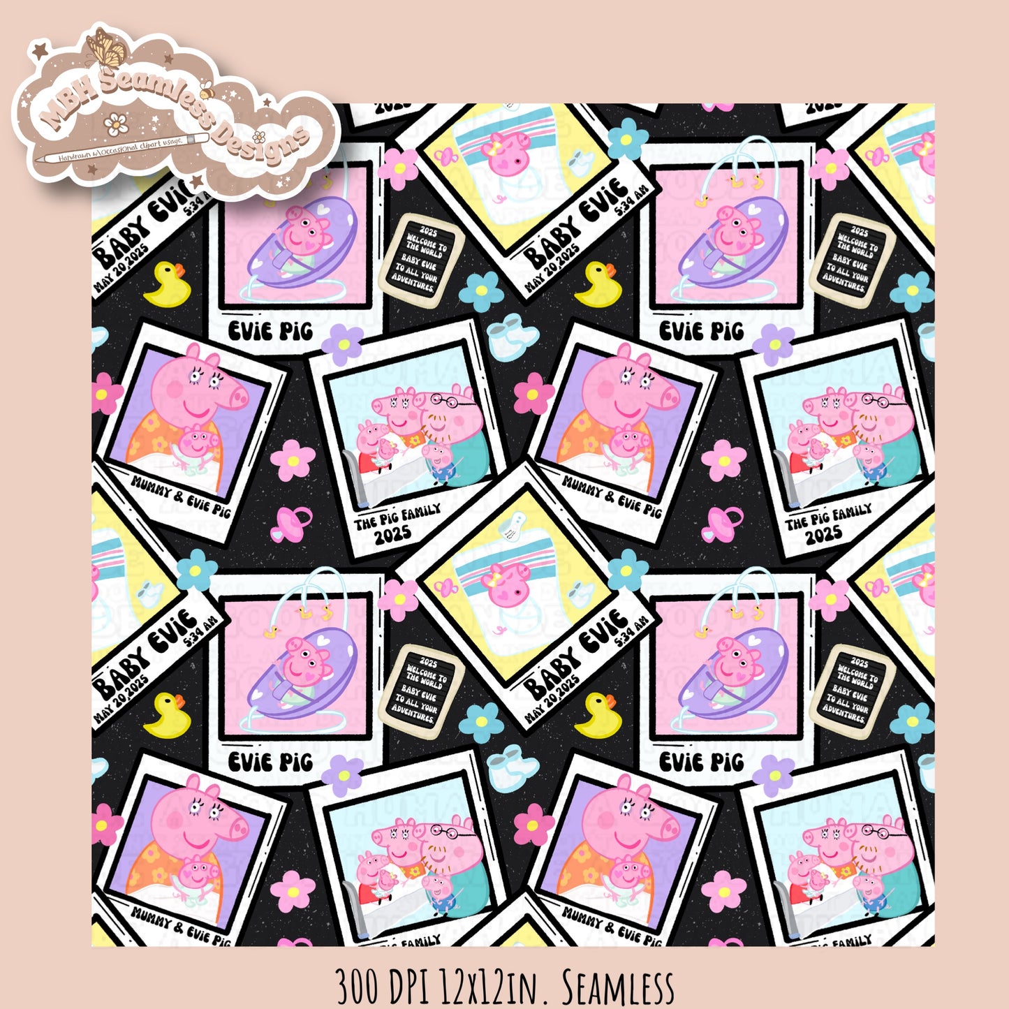 Black Outline Evie Pig Polaroids Seamless Pattern • Multiple Colorway Options