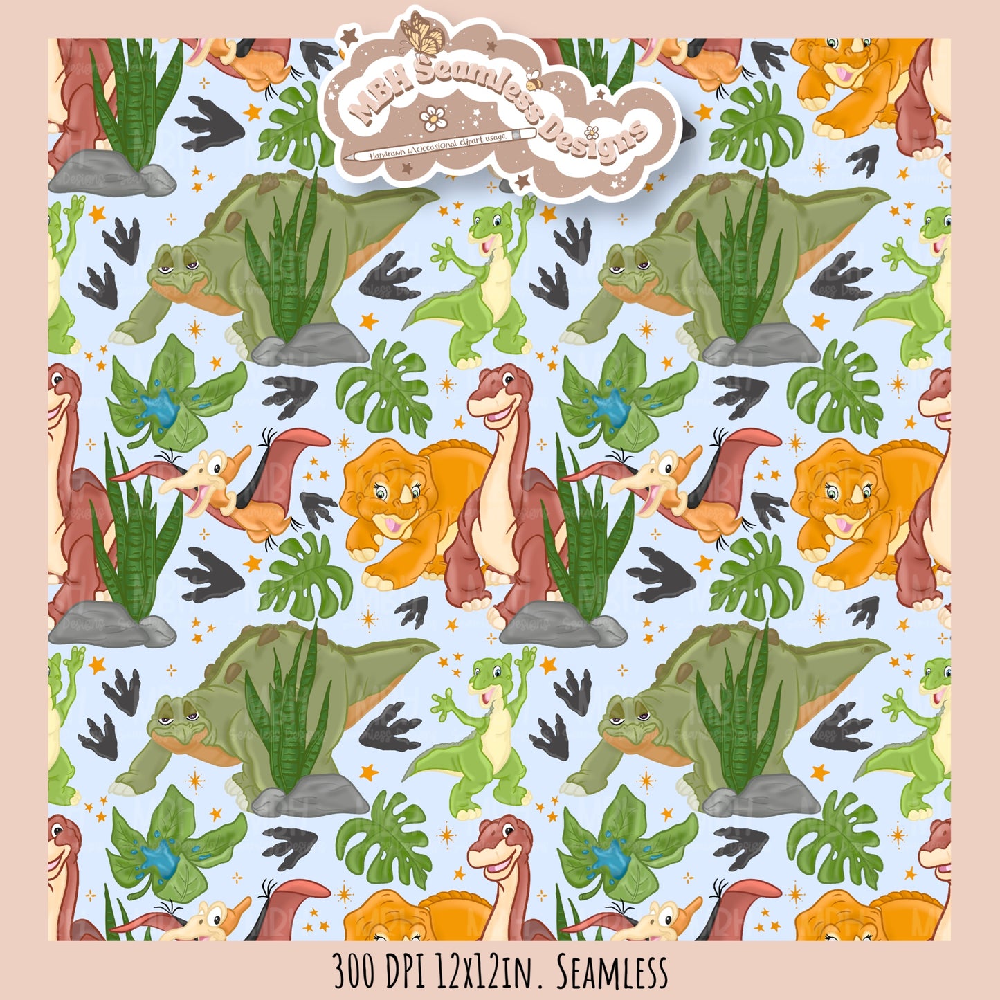 Starry LBT Dinosaurs Seamless Pattern // Multiple Colorway Options