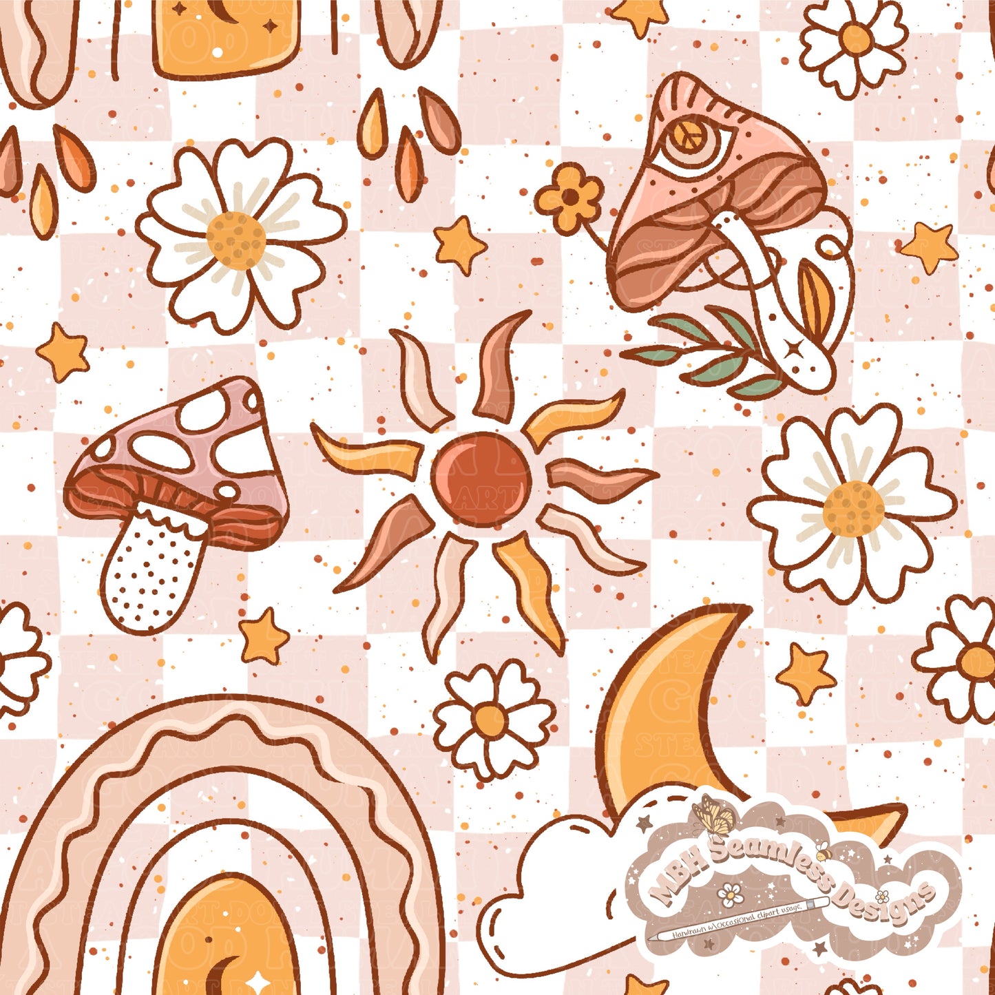 Boho Rainbow Shrooms Seamless Pattern & PNG MULTIPLE COLORWAYS